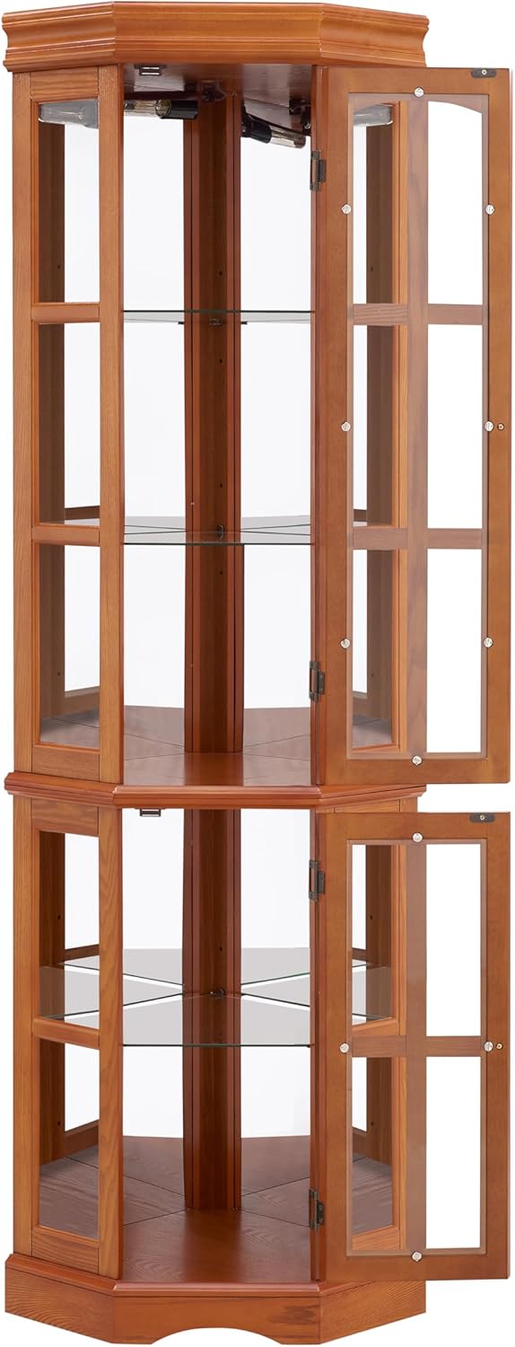 Corner Curio Cabinet with 5 Shelves and Lighting System, Oak Finish, Tempered Glass Doors, Adjustable Removable Shelves, Tip-Over Restraint, 70.5" H Corner Display for Living Room