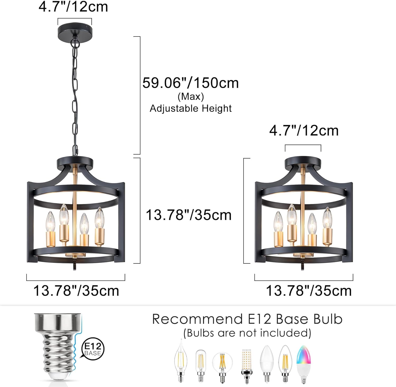 4-Light Black and Gold Farmhouse Chandelier, Adjustable Height Semi Flush Mount Ceiling Light, E12 Base Convertible Pendant Light for Entrance, Kitchen, Bedroom, Hallway