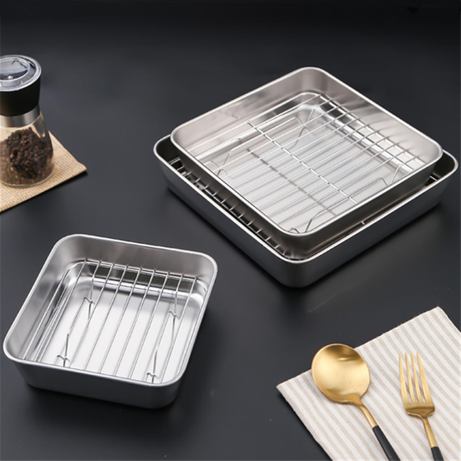 Bandeja de horno Bandeja cuadrada de acero inoxidable for hornear, bandeja antiadherente for hornear con rejilla, fruta, galleta, barbacoa, plato de almacenamiento de Pan, utensilios de cocina(20x20x5