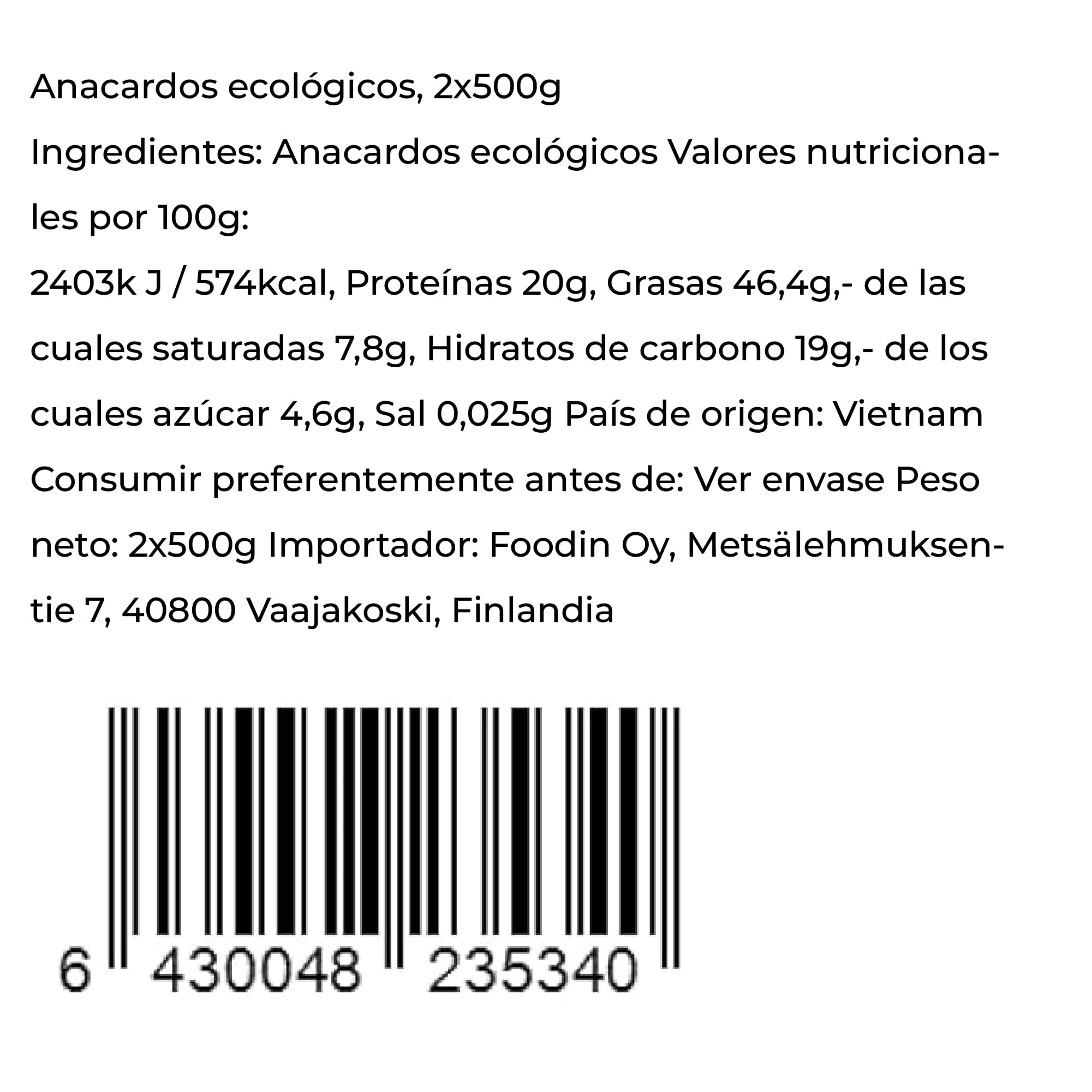 FOODIN Anacardos Orgánicos – Frutos Secos Naturales, Crudos, Sin Sal, Sin Gluten, Veganos – Fuente de Proteína y Grasas Saludables – Anacardos Enteros Ecológicos para una Alimentación Sana, (2x500g)