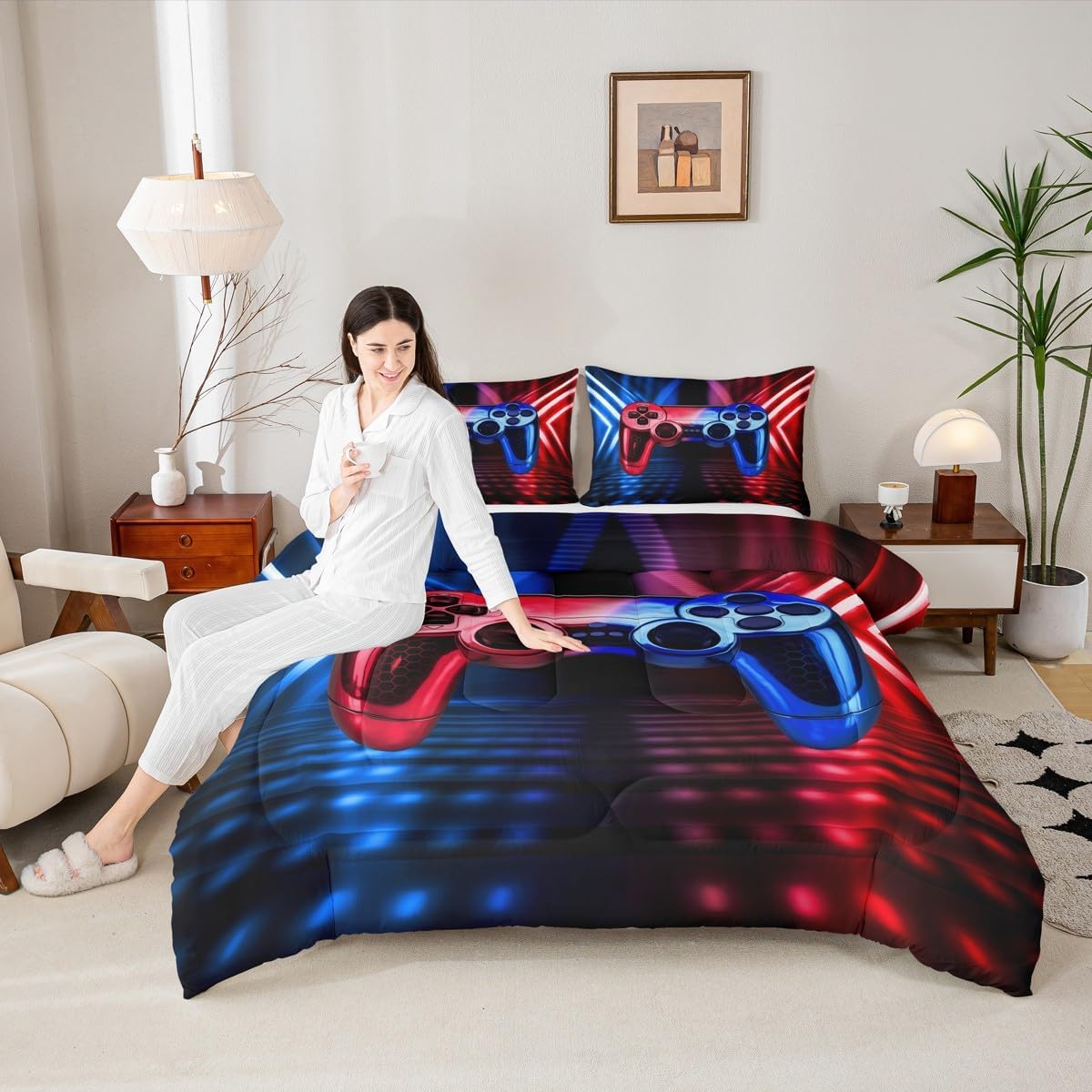 Teens Gamepad Comforter Set Full Size,Red Green Blue Geometric Bedding Set for Kids Boys Adult Bedroom Decoration,Neon Honeycomb Bed Duvet Insert,Modern Gamer Comforter with 2 Pillowcase