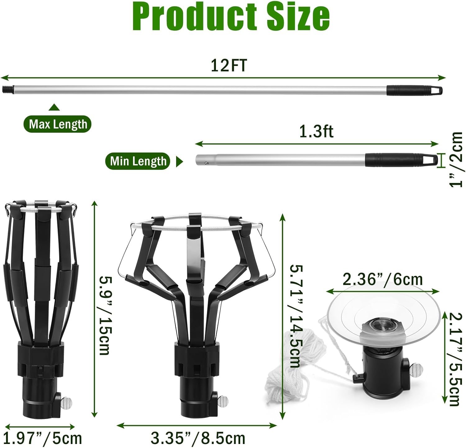 12FT Light Bulb Changer for High Ceilings - 2PCS Baskets and Suction Cup Light Bulb Pole Changer for Household and Camping