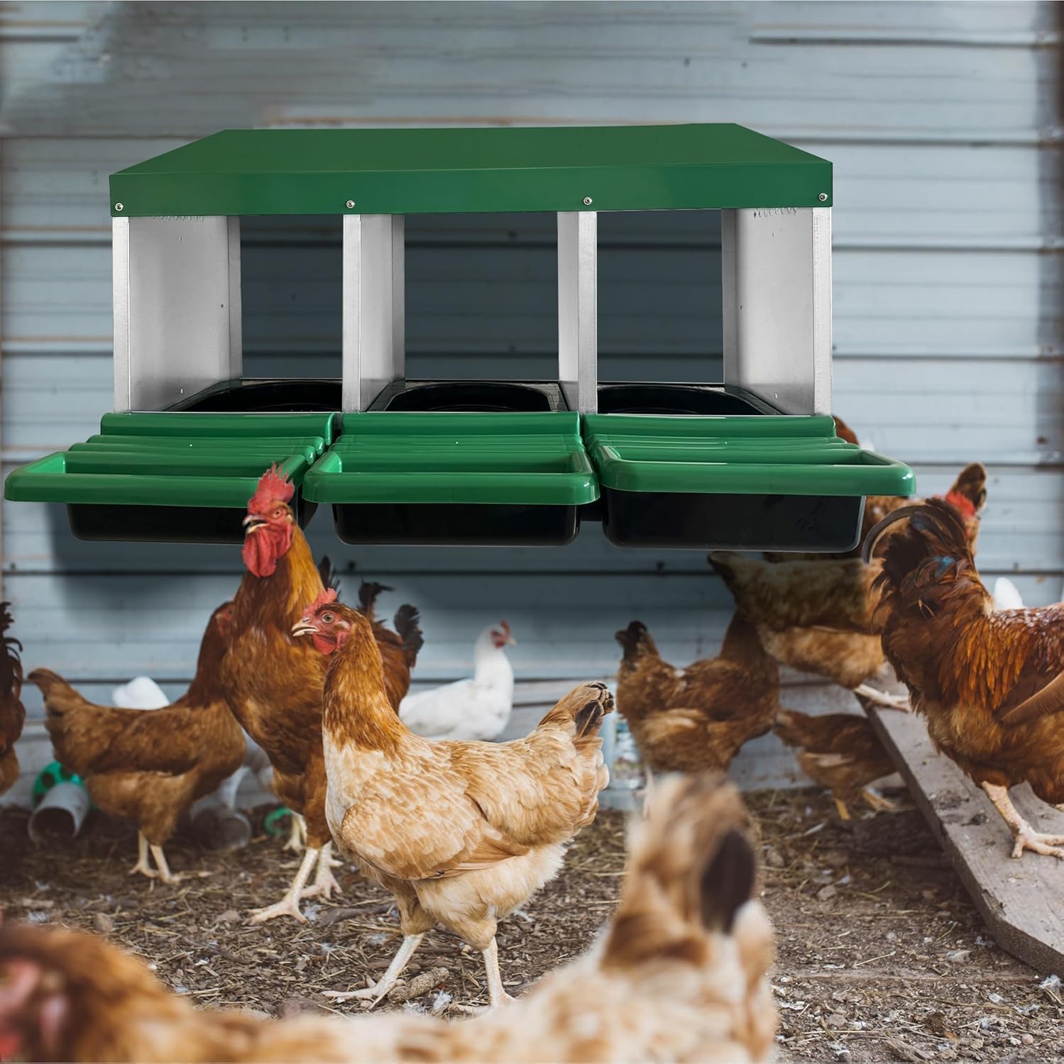 Garvee Ponedero para Gallinas de Metal con 3 Departamentos - Caja Nido con Recogida Automática de Huevos - Nido Galvanizado con Patas para Gallinero - Diseño Ventilado y Resistente - 80x52x47cm