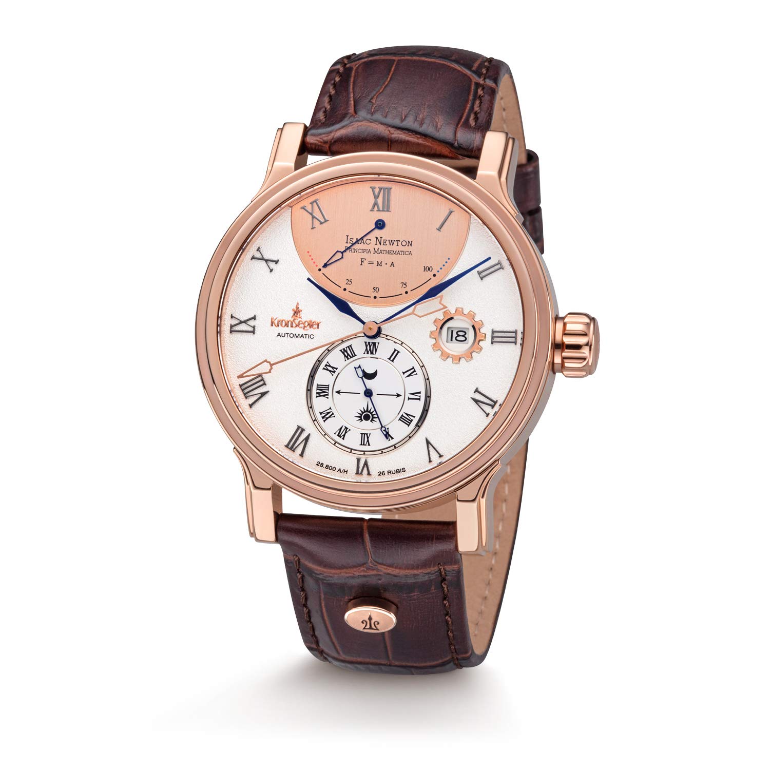 Kronsegler Isaac Newton - Principia Mathematica Rosé Weiß - Automatik Herrenuhr | Gangreserveanzeige, Datum und 24-Stunden-Anzeige | mit Saphirglas