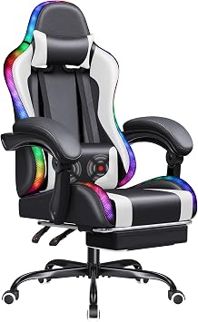 Homall Gaming Chair, Video Game Chair with Footrest and Massage Lumbar Support, Ergonomic Computer Chair Height Adjustable with Swivel Seat and Headrest (White, RGB)