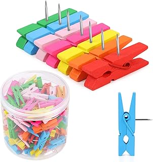 130 PCS Colorful Push Pin with Wooden Clips, Durable Wooden Push Pins, Decorative Pushpins Tacks Thumbtacks, Tacks for Cork Board Artworks Notes Photos, Craft Projects, Offices and Homes (7 Colors)