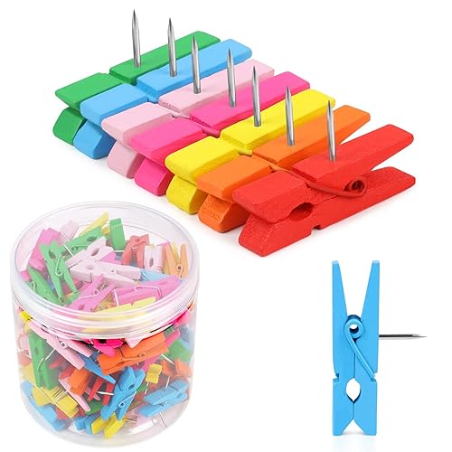 130 PCS Colorful Push Pin with Wooden Clips, Durable Wooden Push Pins, Decorative Pushpins Tacks Thumbtacks, Tacks for Cork Board Artworks Notes Photos, Craft Projects, Offices and Homes (7 Colors) - 130 Pcs