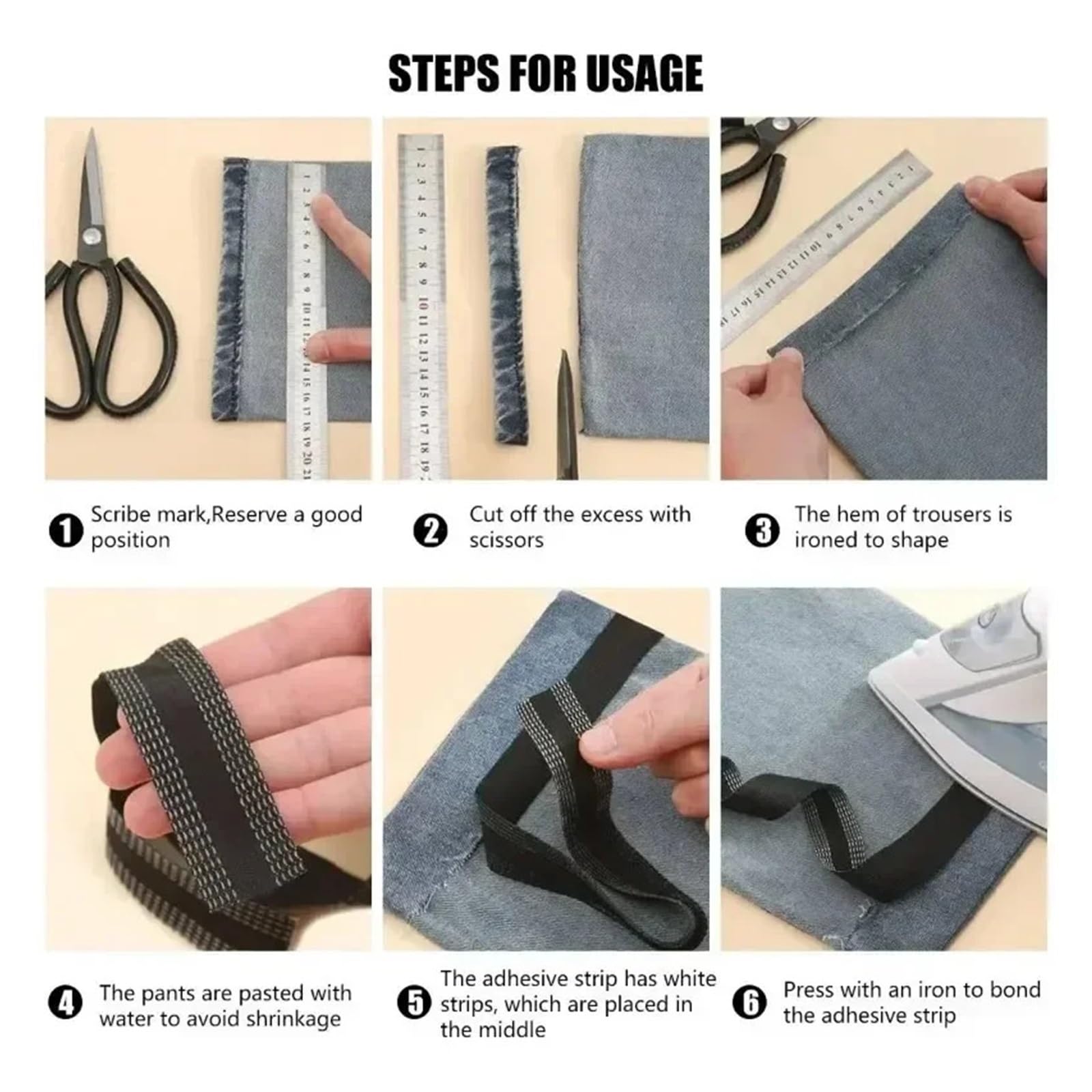 Nastro per orli dei pantaloni 1/50M Autoadesiva Pantaloni Orlo Pasta Nastro Bordo Dei Iron-on Pant Accorciare Riparazione Jean for Tessuto Cucito FAI DA TE(Khaki,50m (10Rolls))