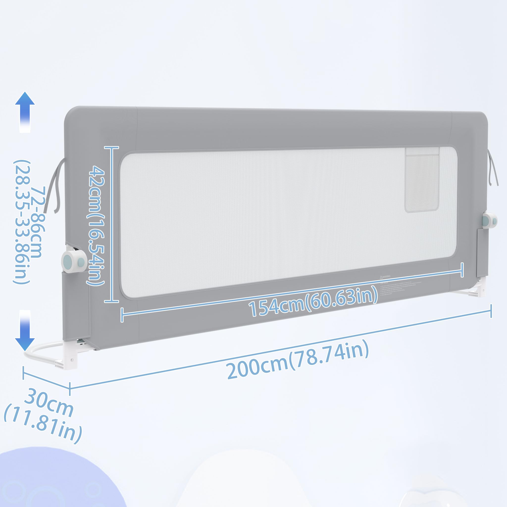 FIVMEN Barrera de cama de 200 cm, protección contra caídas, altura ajustable, plegable 180 grados, para cuna y cama infantil, para camas de niños y padres, gris