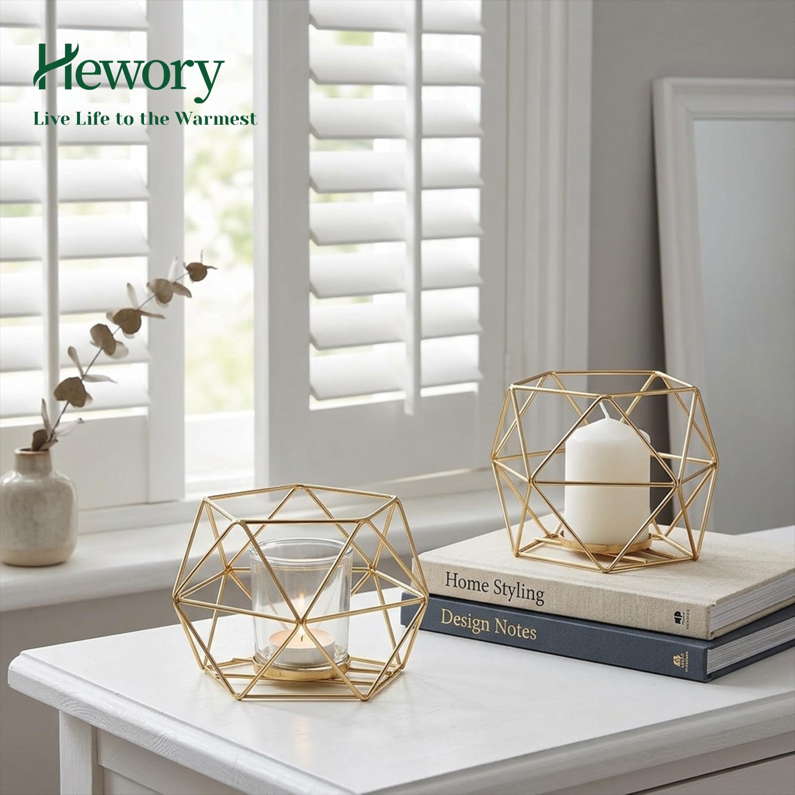 Hewory 12er Set Gold Teelichthalter Glas Modern Kerzenhalter für Teelicht | Geometrische Form, Dickes Premium-Glas, Windlicht Metall für Hochzeit Deko Wohnzimmer Wohnung, Vielseitige Teelichtgläser