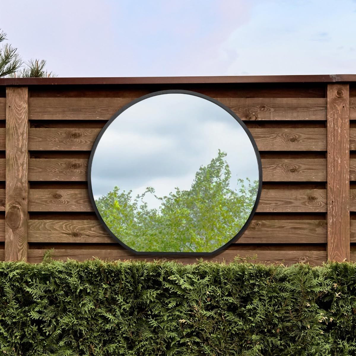 MirrorOutlet Black Framed Flat Bottom Circular Garden Wall Mirror - 105cm x 100cm