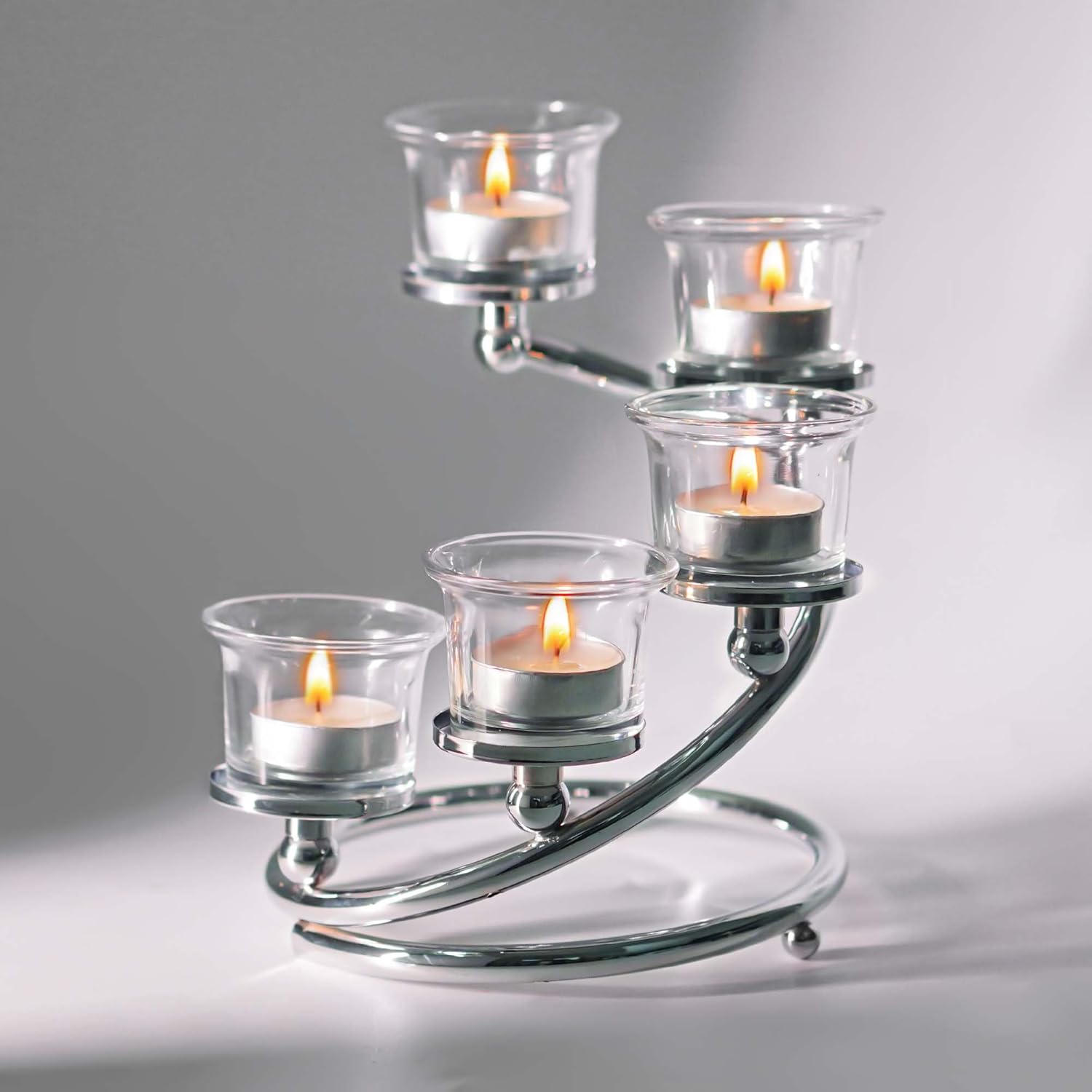 1Pc Silver 5-arm Metal & Glass Tea Light Candle Holders for Table Centerpiece, Glass Votive Tealight Holders/Candelabra Candlestick Holders for Wedding,Party, Anniversary,Christmas