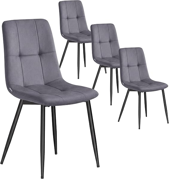 VASAGLE Velvet Dining Chairs, Upholstered Kitchen Chairs, Adjustable Feet, Modern Metal Frame, Supports up to 120 kg Each, for Kitchen or Living Room, Set of 4, Slate Grey KDC080GN02 - 1