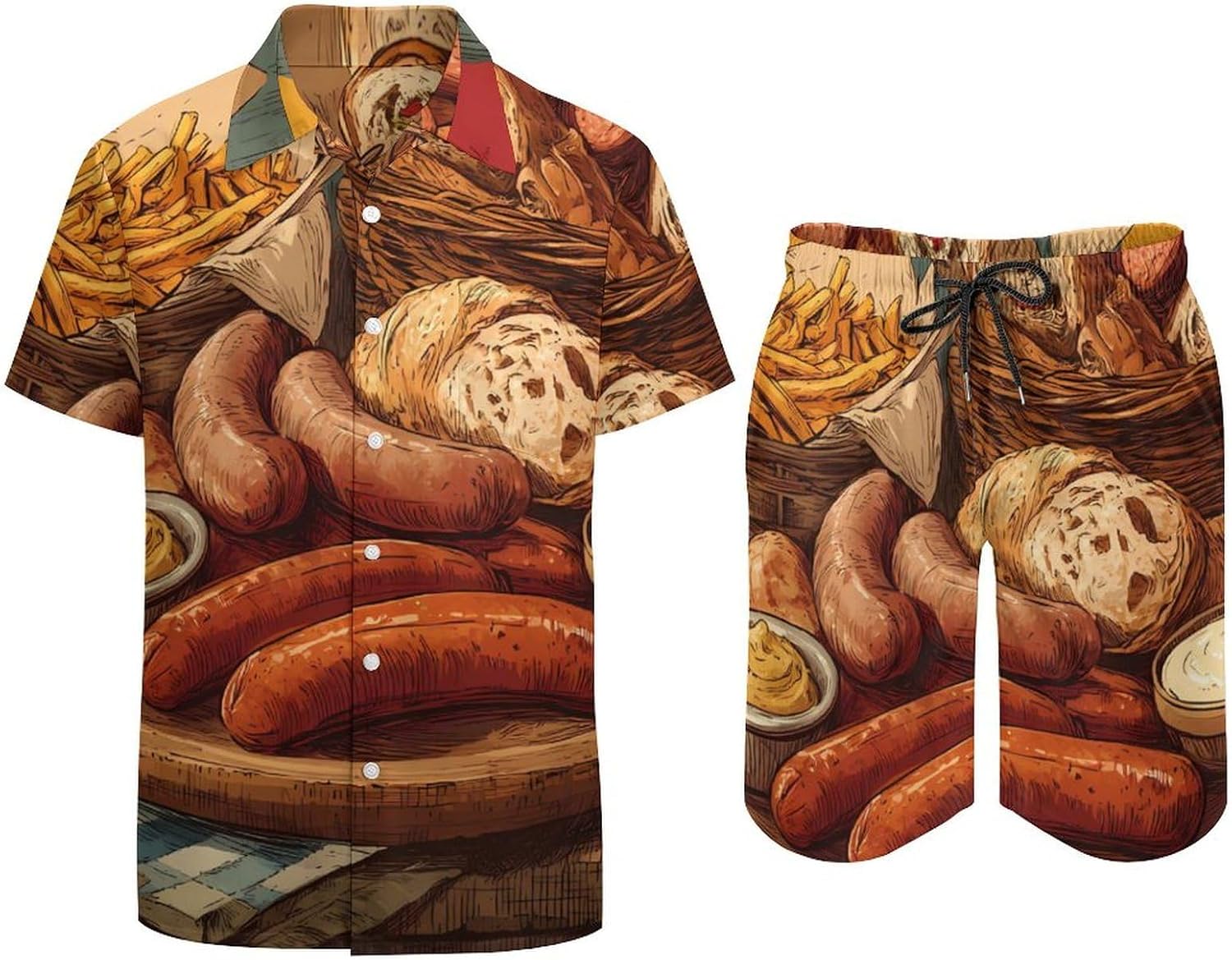 German Sausages French Fries Men's Summer Beach 2 Piece Outfits | hawaiian button down shirt and shorts,vacation cruise,mens bathing suit