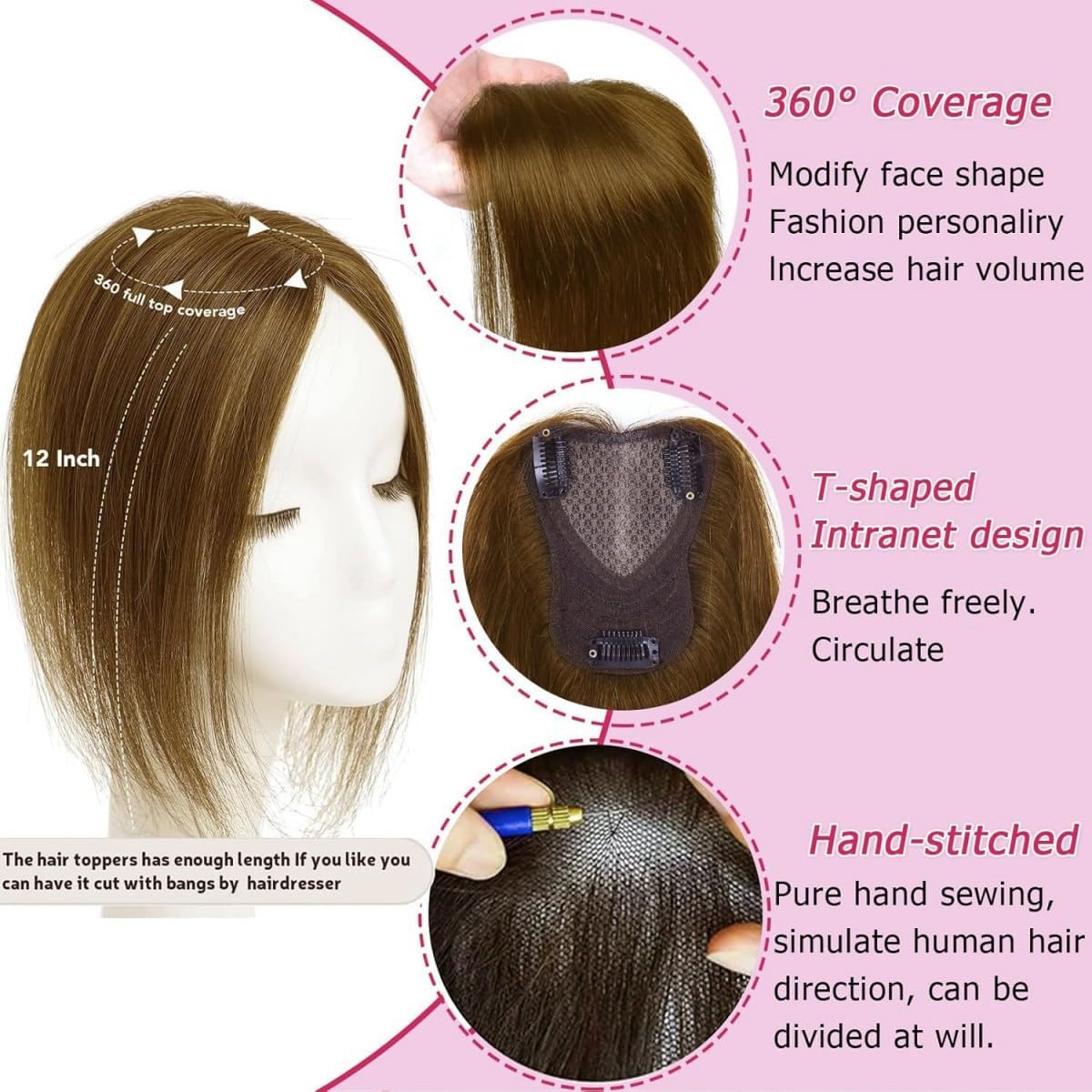 Toppers para mujer, pelo humano, color marrón claro, con clip en piezas de pelo real, para cabello fino, parte superior de la cabeza, mullida, sin flequillo