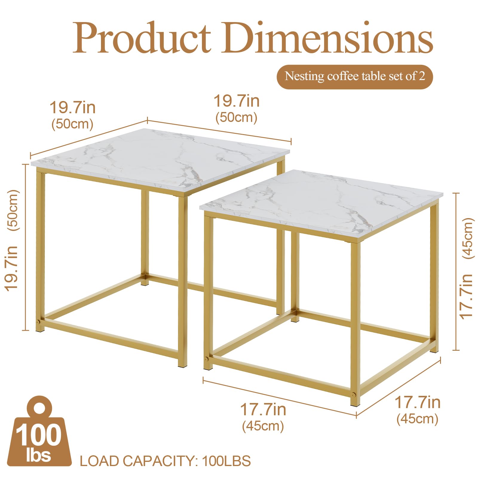 Juego de 2 mesas auxiliares, mesa anidable de madera de ingeniería moderna, juego de mesa central cuadrada con marco de metal, mesas auxiliares, mesa auxiliar anidable para sala de estar 2