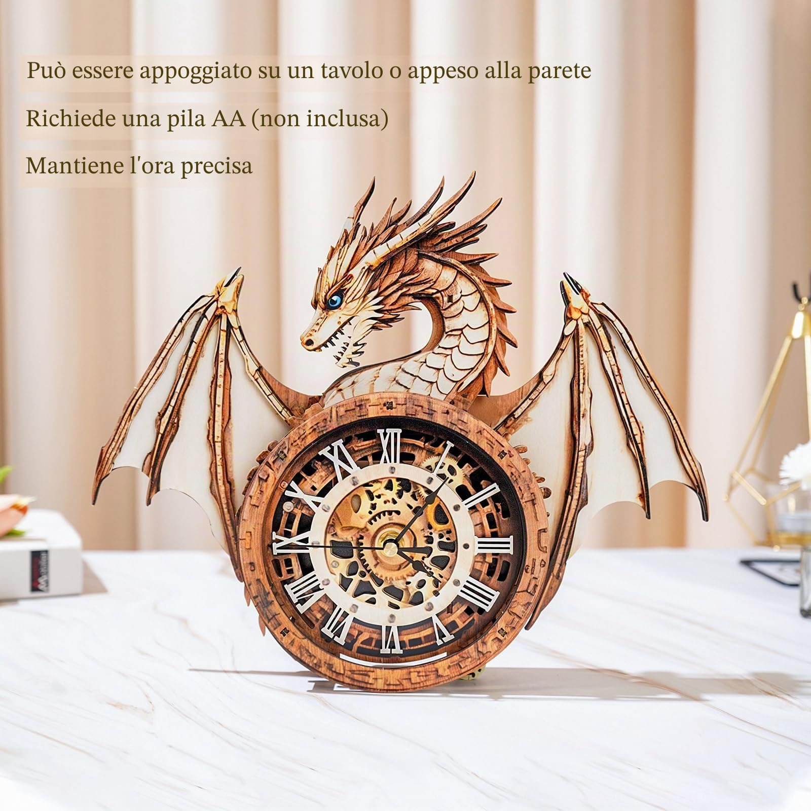 Puzzle 3D per adulti-orologio drago con orologio funzionale, puzzle in legno 3D (33 x 37,3 cm), puzzle 3D animali da scrivania/decorazione da parete per la casa/regali per amici/notte di