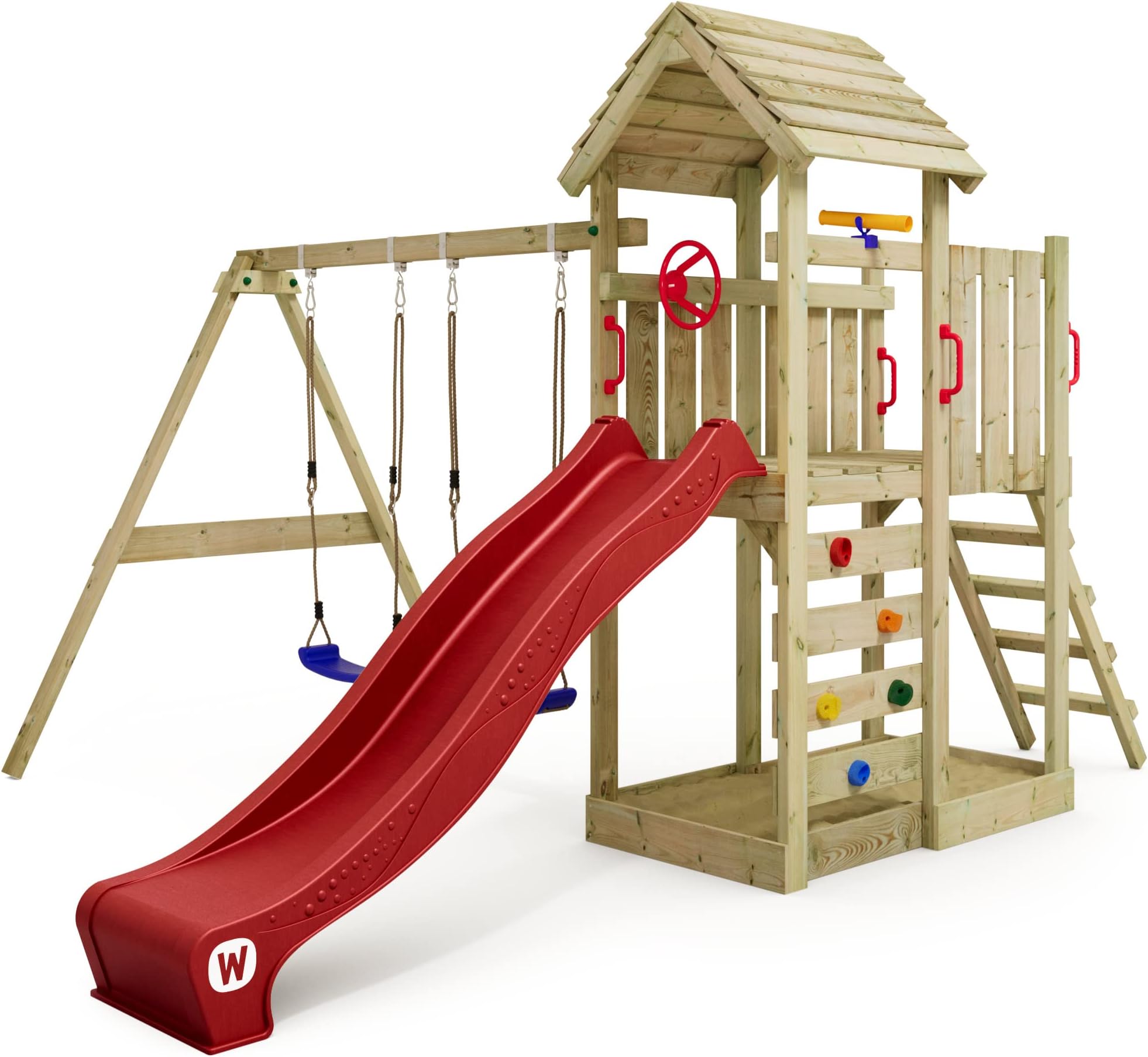 WICKEY Wooden climbing frame MultiFlyer with wooden roof, swing set & red slide, Outdoor kids playhouse with sandpit, climbing ladder & play-accessories for the garden