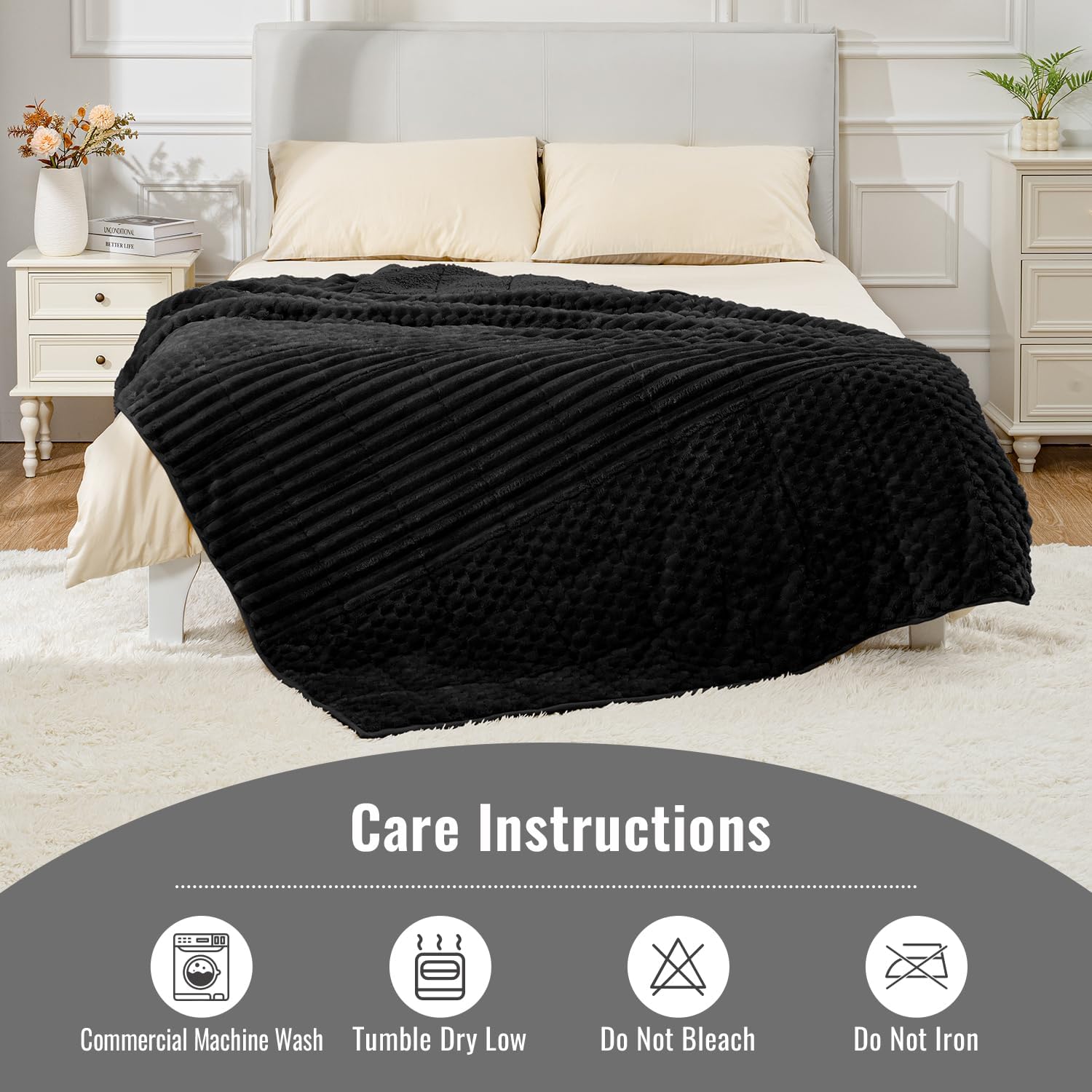 Uttermara Fleece Weighted Blanket for Adults Twin Size 15lbs, Soft Sherpa Weighted Blankets for Sleeping and Calming, Fuzzy Heavy Blanket for Bed and Couch, 48 x 72 Inches, Black - Image 7