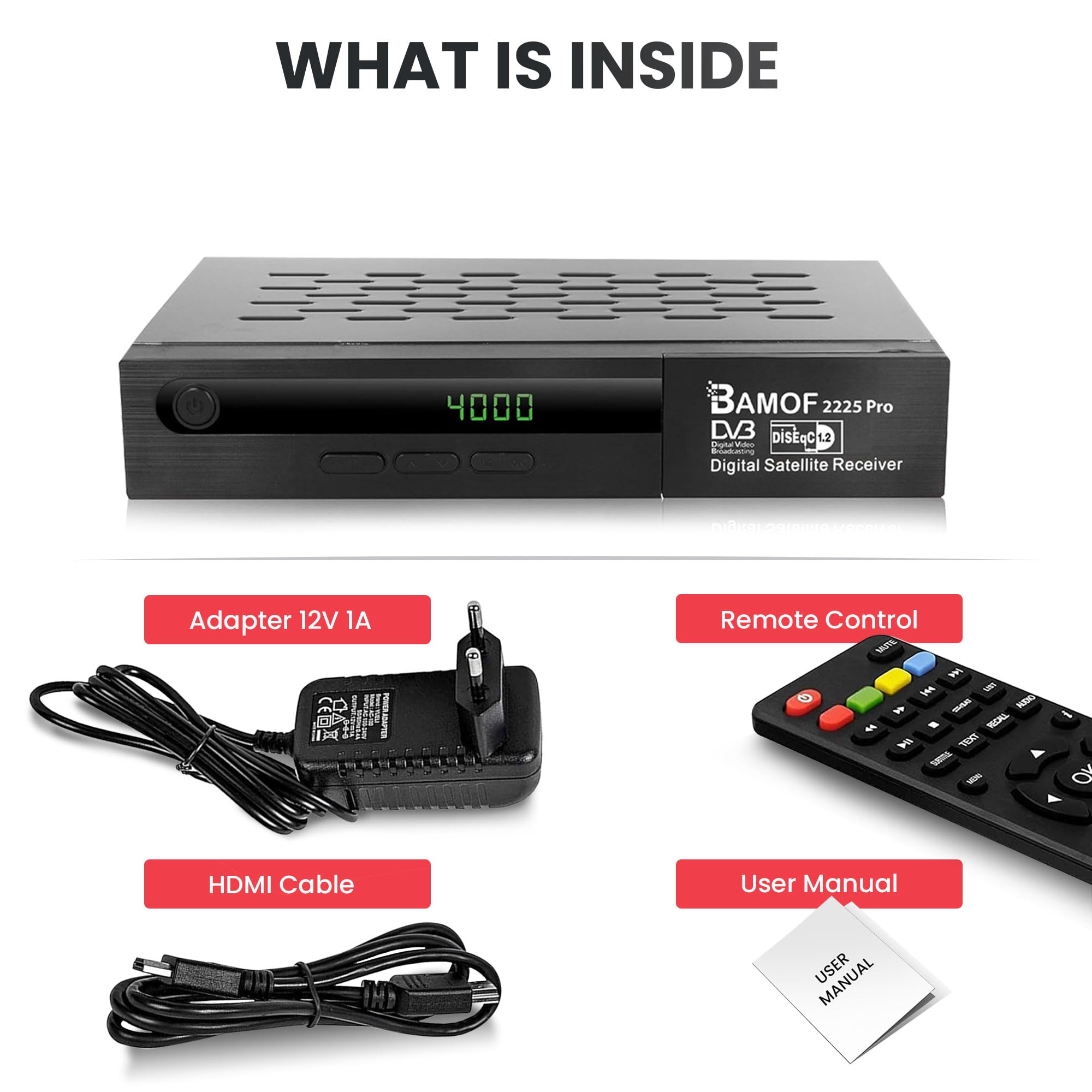 2225 PRO Satelliten Receiver Sat Receiver Digitaler DVBS2 Full HD Receiver (HDMI, SCART, 2X USB) [Vorprogrammiert für Astra, Hotbird und Türksat] + HDMI Kabel, Black