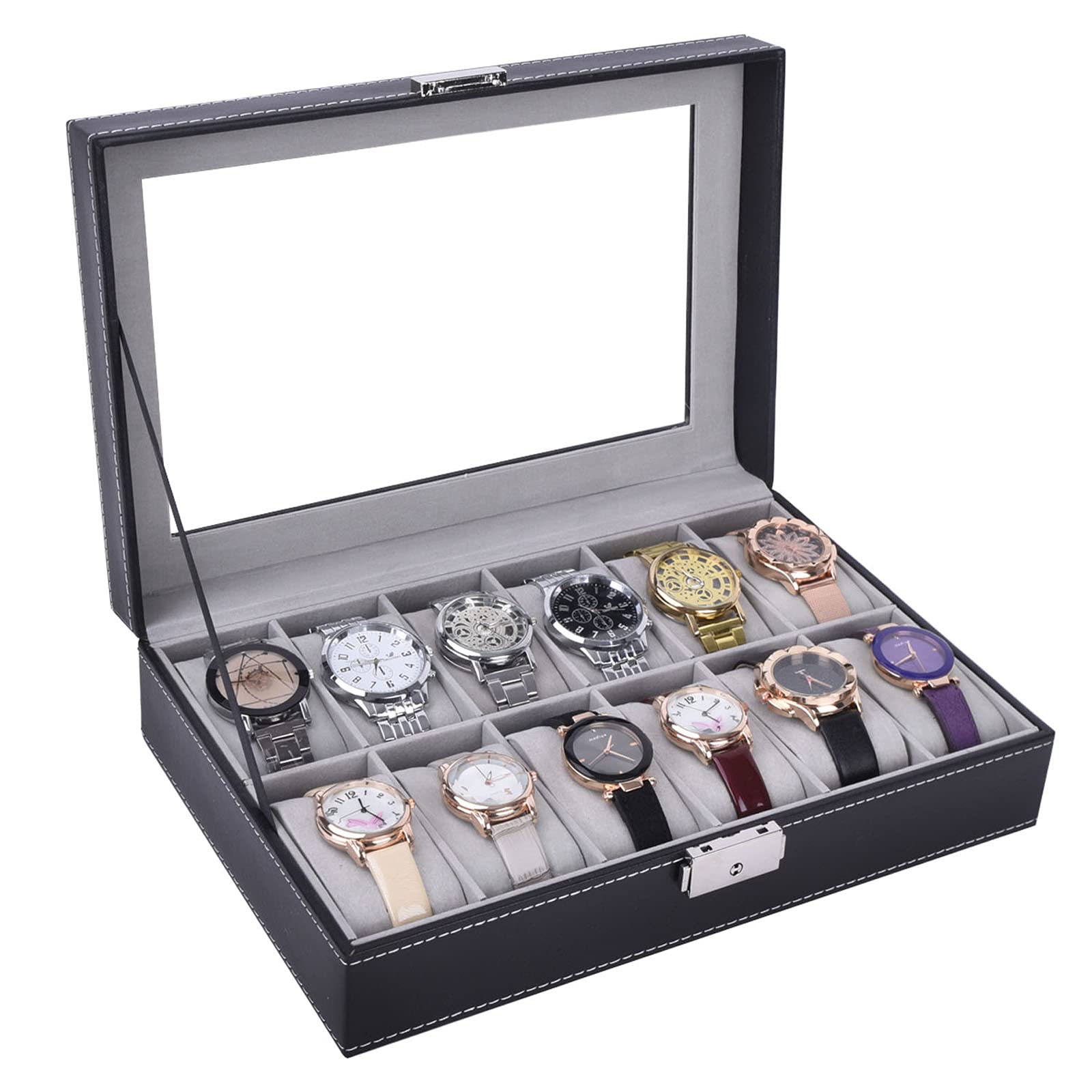 AUTOARKLeather 12 Watch Box Glass Top Watch Jewelry Display Case Organizer,Black,AW-040