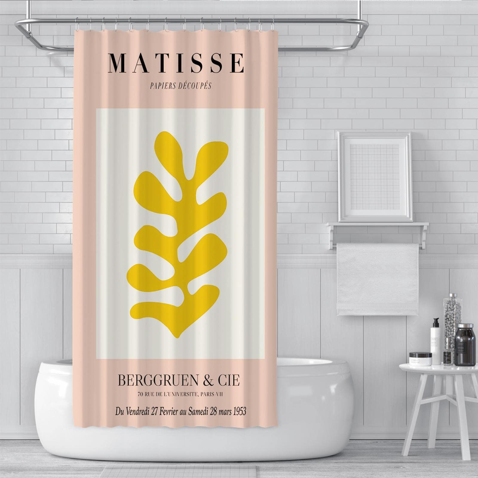 Matisse Minimalism Amarillo Blanco Cortina de Ducha para Hotel Gimnasio Baño Decor Plantas Modernas Cortinas de Ducha Set Impermeable y de Secado rápido 240x180 cm