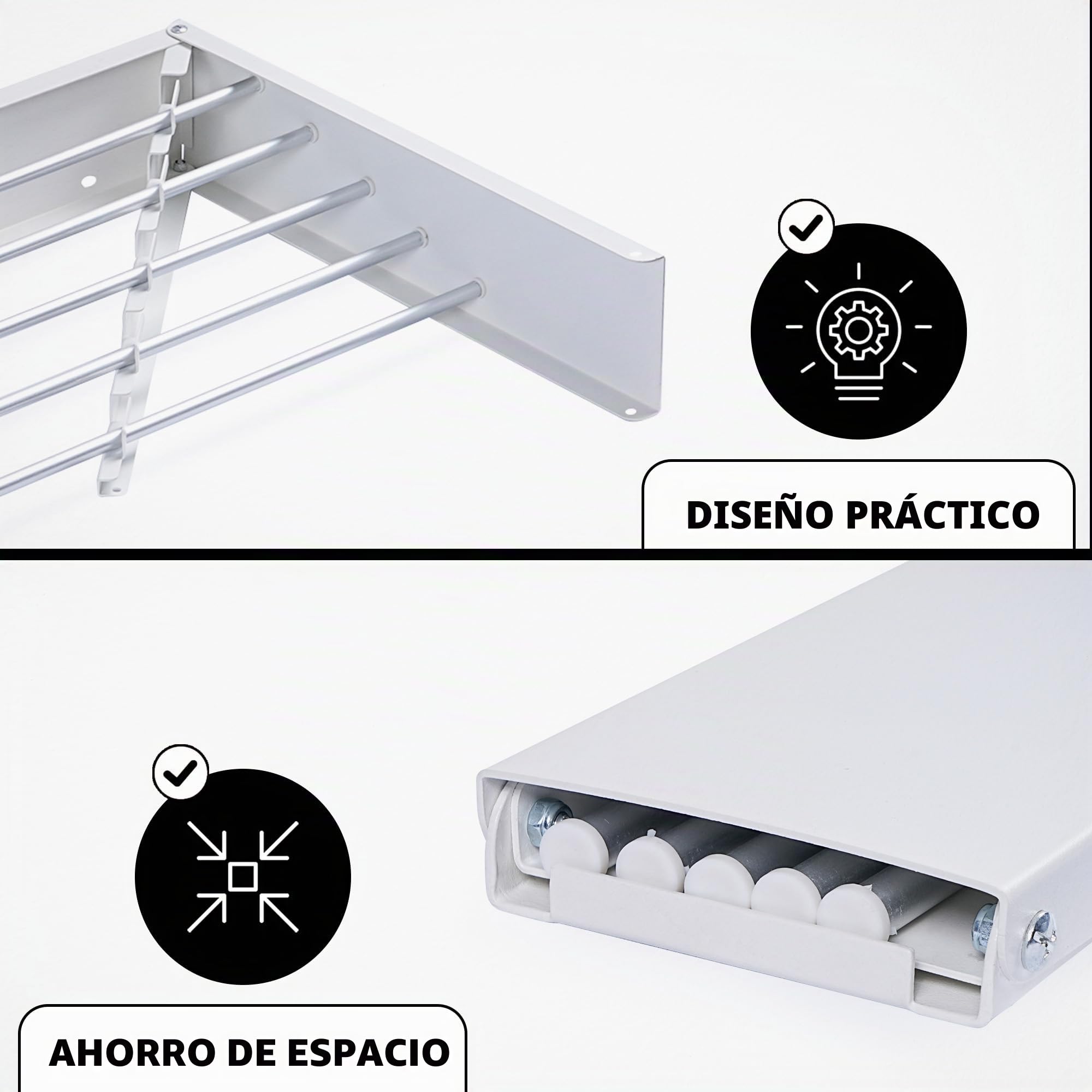 Vonia Tendedero Extensible de Pared 80 x 40 cm - Tendedero Plegable con 4 m de Secado y Carga de 25 kg - Tendedero Retráctil para Interior y Exterior - Aluminio - Blanco