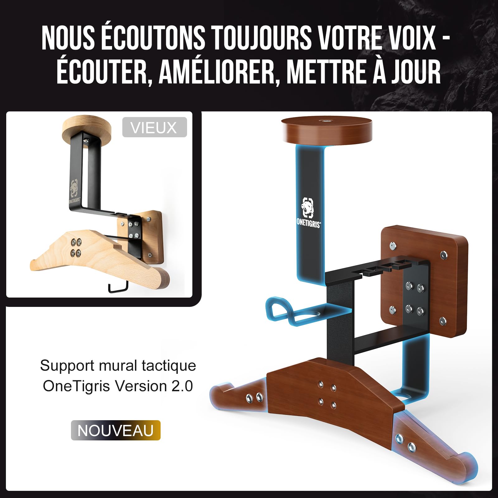 OneTigris Support Mural Casque Moto 2.0 – Porte-Casque Ultra Robuste 80KG, Bois & Métal, Cintre Extensible, Double Crochets pour Gants/Lunettes, Gain de Place pour équipement Moto, Vélo & Airsoft
