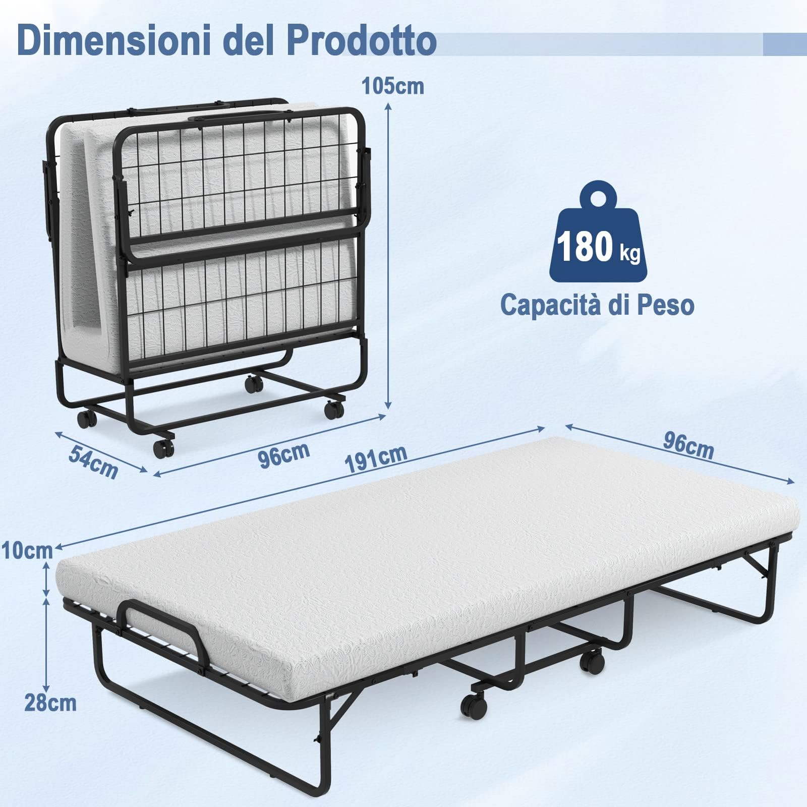 COSTWAY Brandina Pieghevole con Materasso Memory Foam | Letto Pieghevole con Struttura Robusta in Metallo e 4 Ruote, Portatile per Casa Ufficio, Capacità di Carico 180 kg