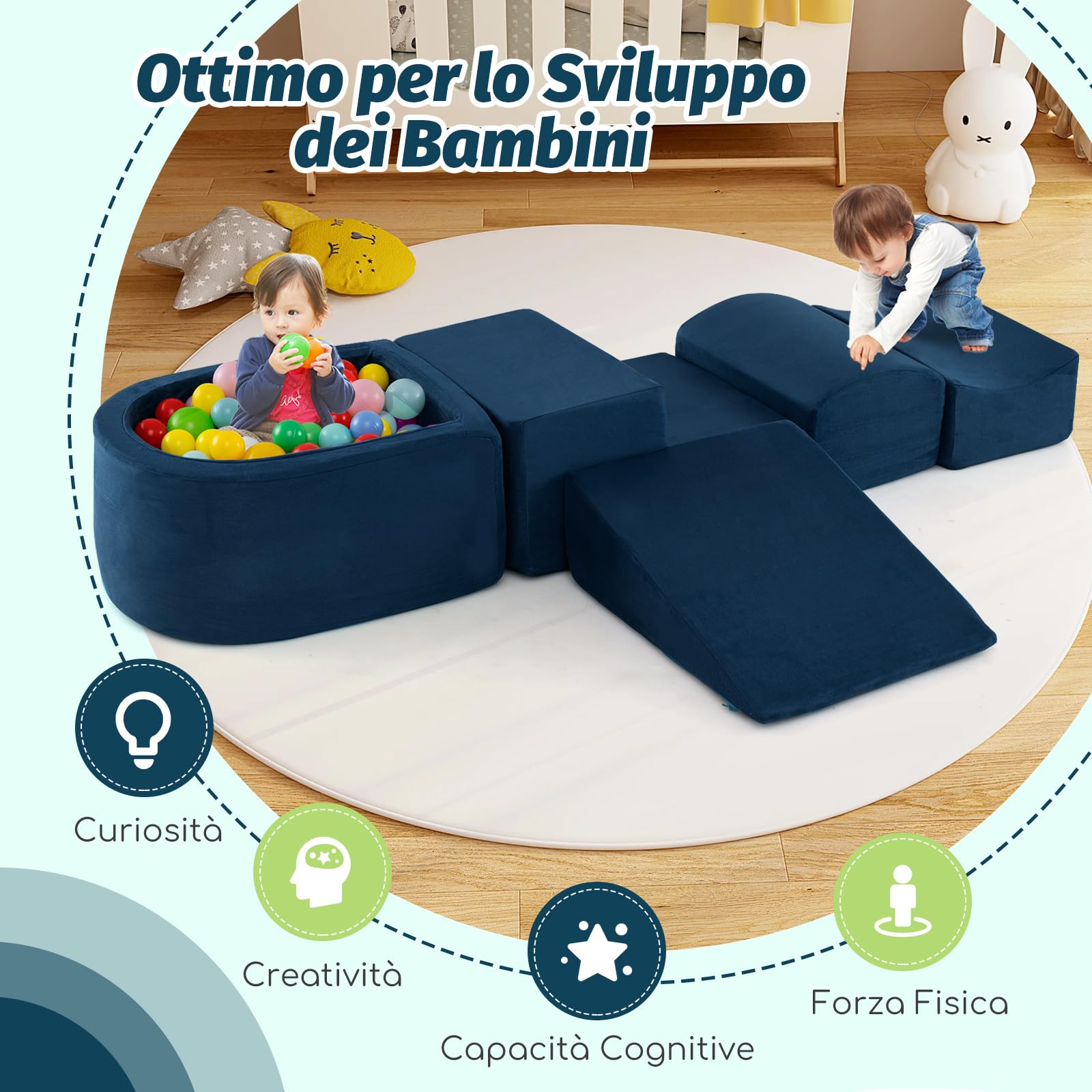 COSTWAY Set di 5 Pezzi Gioco in Schiuma, Blocchi con Piscina di Palline per Bambini, Coperture Lavabili con Cerniere, Blocchi Creativi per Stanza di Giocattoli, Camera da Letto (Navy)