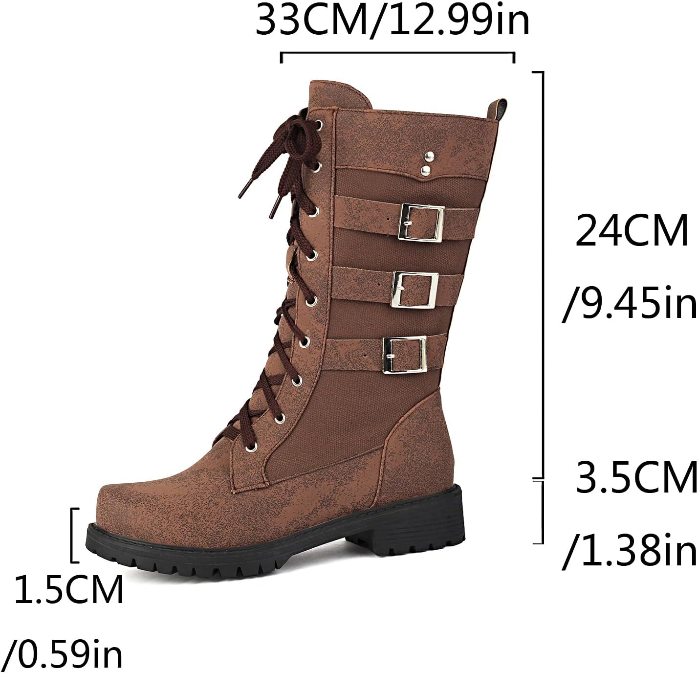BEAUPAS Women's Combat Boots with Triple Buckle Straps Flat Mid Calf Lace Up Goth Boots
