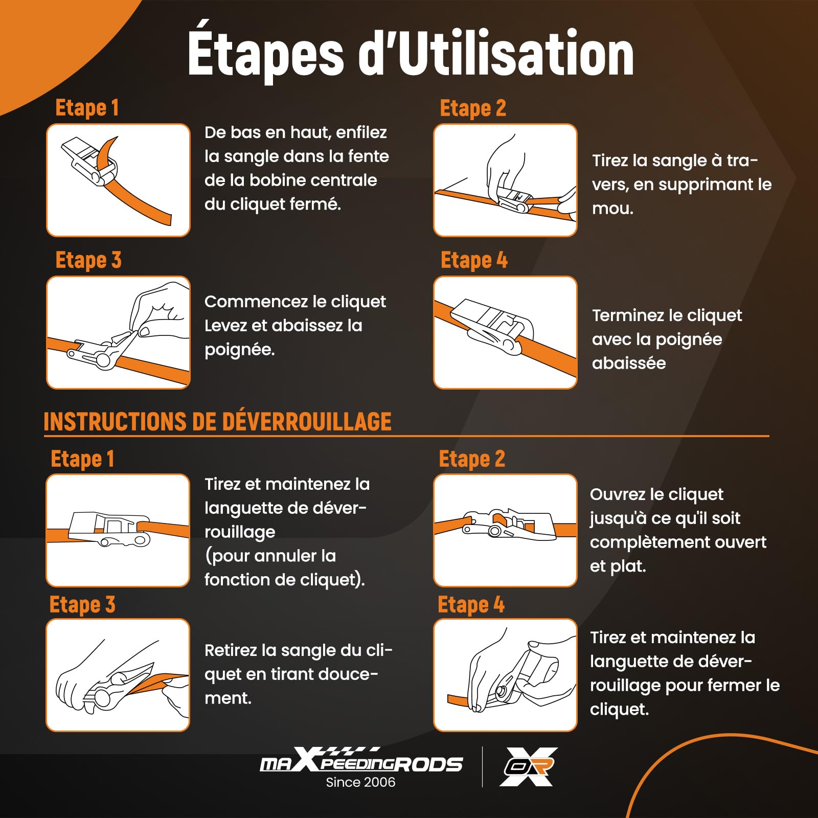 maXpeedingrods 4 x997 kg Sangles d'arrimage Sangle à Cliquet de 4,5m Orange | avec Crochet en S à Clip de Sécurité, en 12195-2