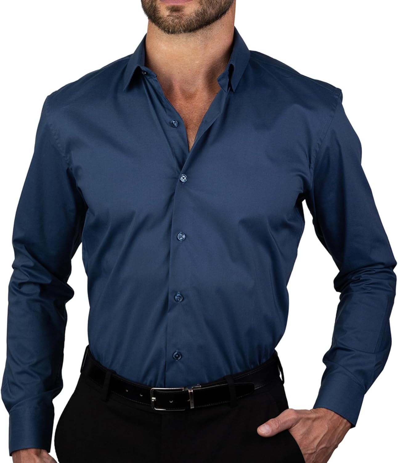 DKNY Men's Slim Fit Dress Shirts Solid Long Sleeve Stretch Wrinkle-Free Formal Shirt Business Casual Button Up Shirts