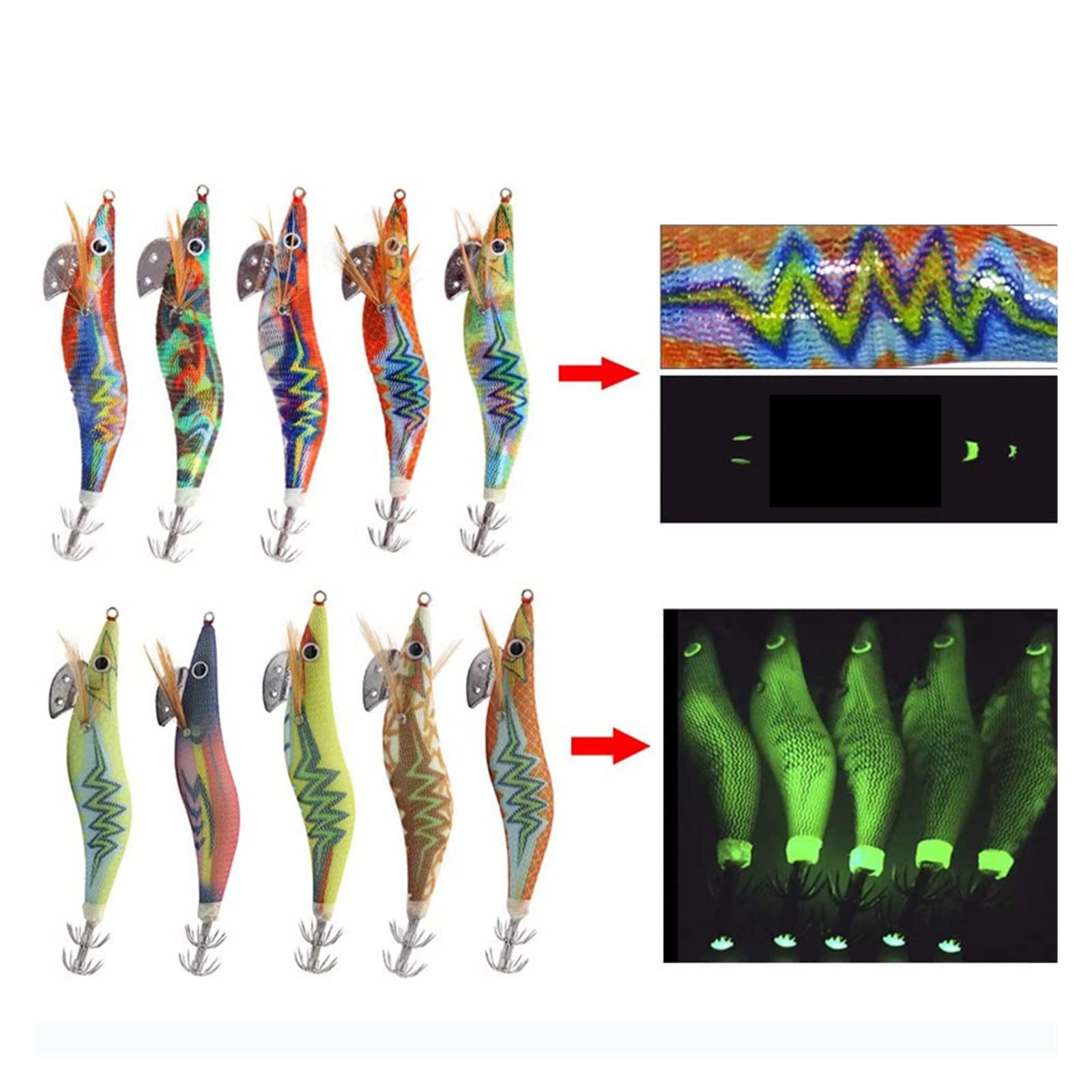 XILILHC 20 Pz/Lotto Calamari Esca Gamberetti Maschere Esche Luminose di Polpo | Esca artificiale for la pesca con esche artificiali for seppie con occhi 3D