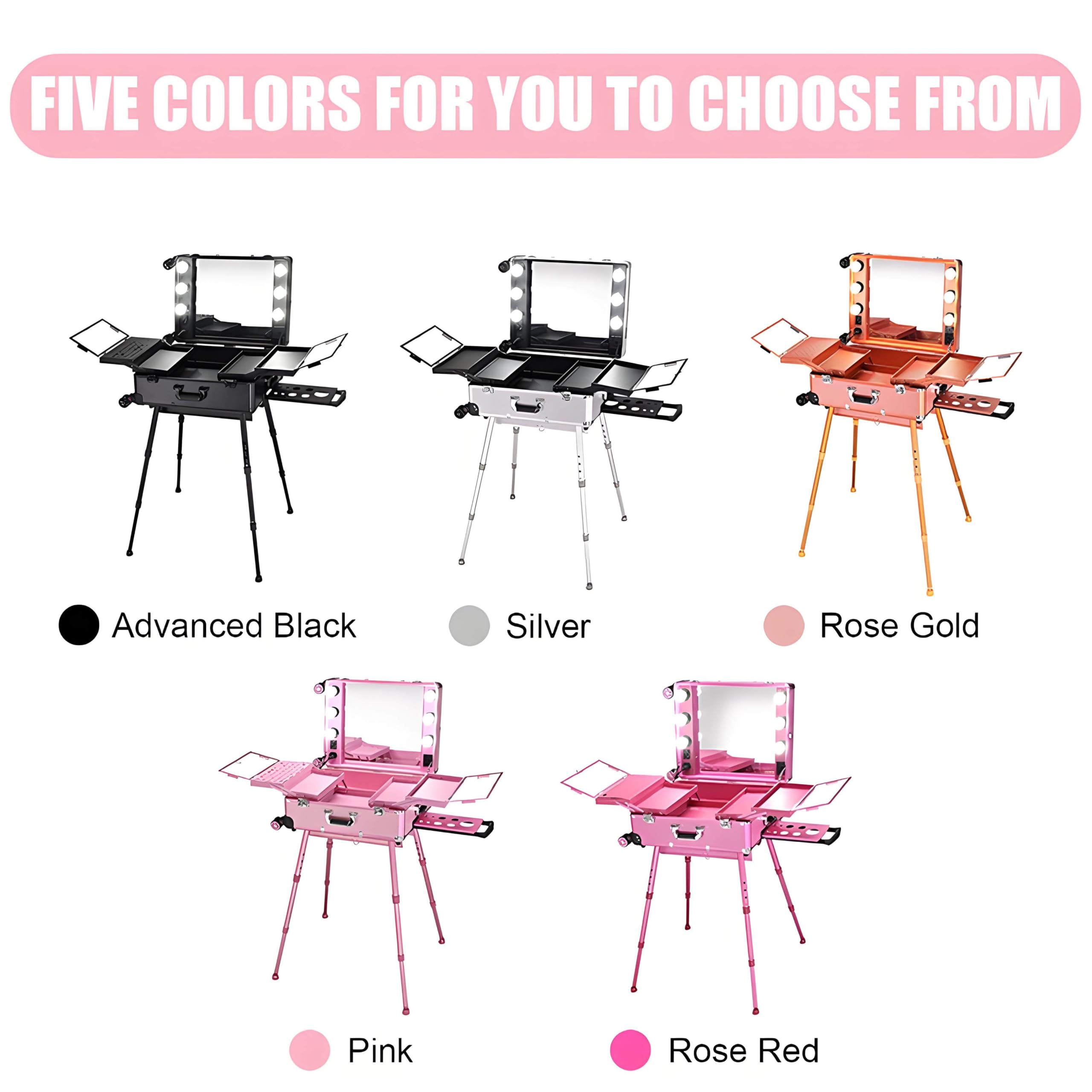 Tavolo da Trucco Professionale con Ruote, Portatile, Pieghevole, Supporto Nascosto e Ruote, Valigetta per Il Trucco Multifunzionale, Adatta a Truccatori Ed Estetiste, con Luce LED Pink