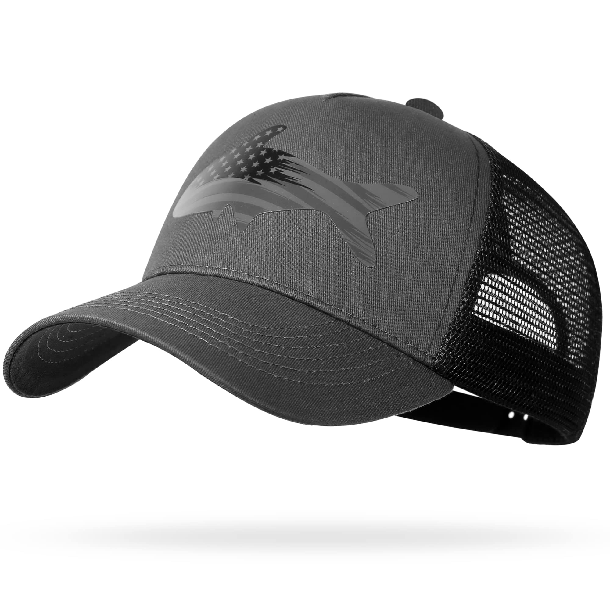 PANGCHI Snapback Trucker Fishing Hat for Men and Women, Outdoor Baseball Cap with Adjustable Strap, American Flag Fish