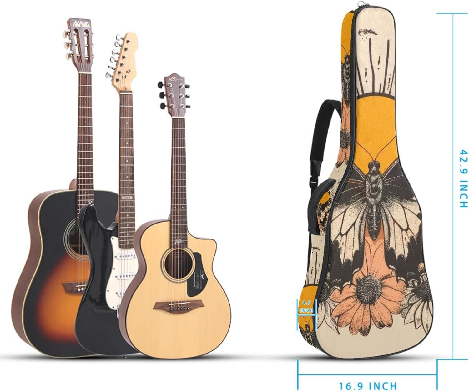 Acoustic Guitar Bag 0.4 Inch Thick Padding Waterproof Guitar Case Gig Bag for 40 41 42 Inch Electric Bass Classical Guitar, Vintage Butterfly with Sun Flowers