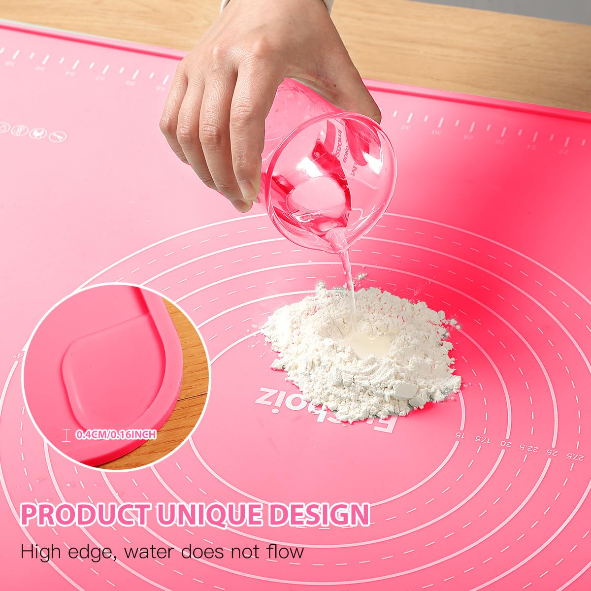 Alfombrilla de silicona para repostería de 24 x 16 pulgadas, extragruesa, antiadherente, de grado alimenticio, para hornear masas, con bordes elevados, color rosa