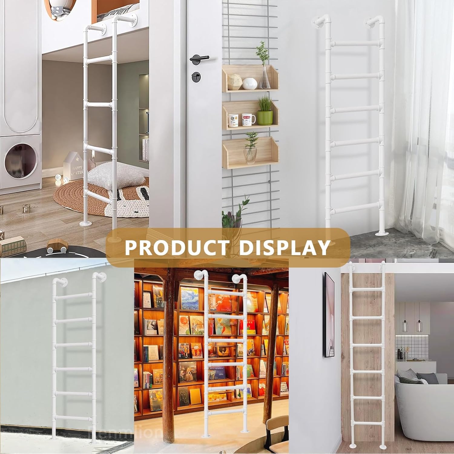 White Metal Wall Ladder Forged Iron Loft Ladder for Bunk Beds Multifunctional Climbing Ladder for High Walls Outdoor Warehouse & Basement Use (145cm)