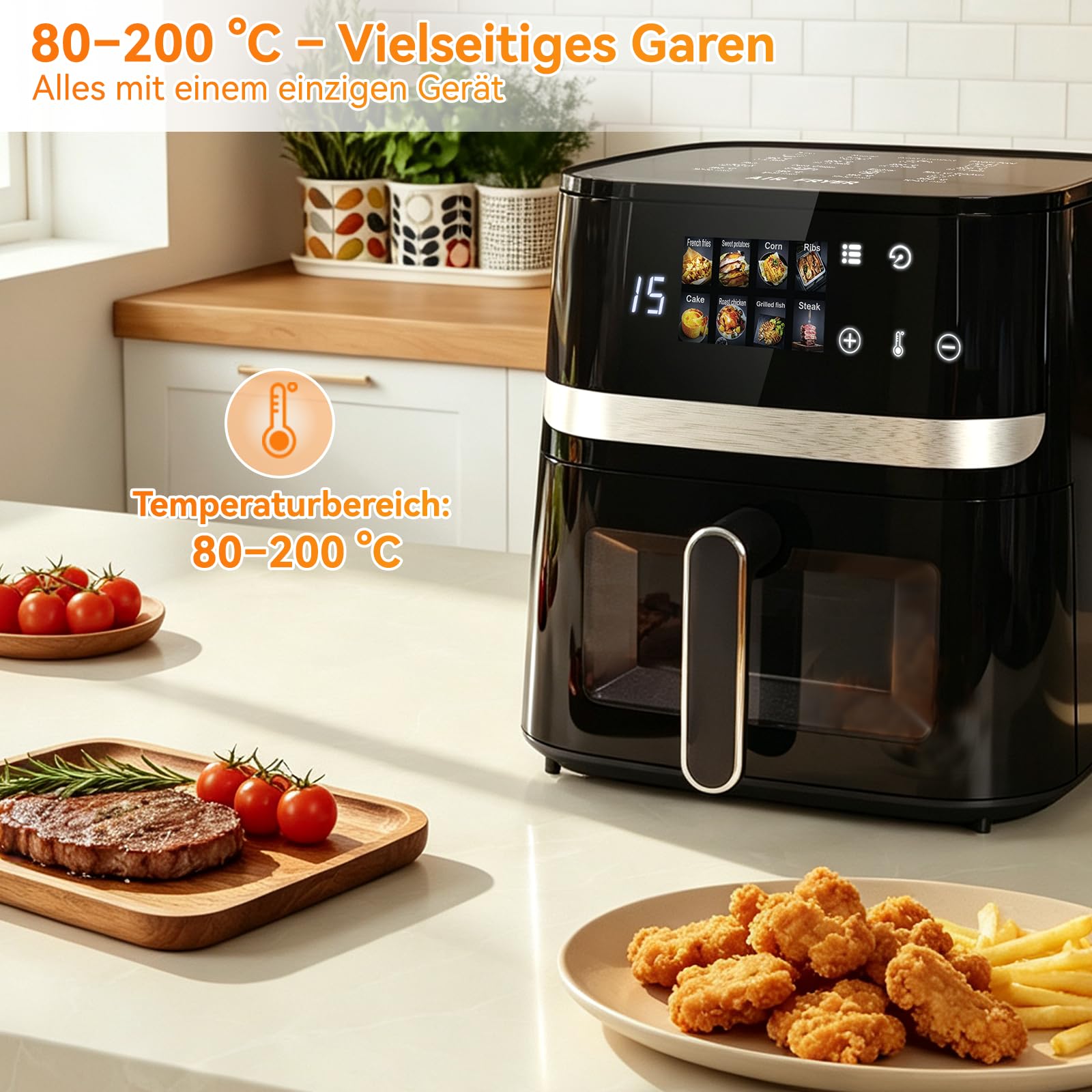 ARTETHYS Heißluftfritteuse 6,5L XL,1350W Airfryer mit 8 Programmen, Schwarz