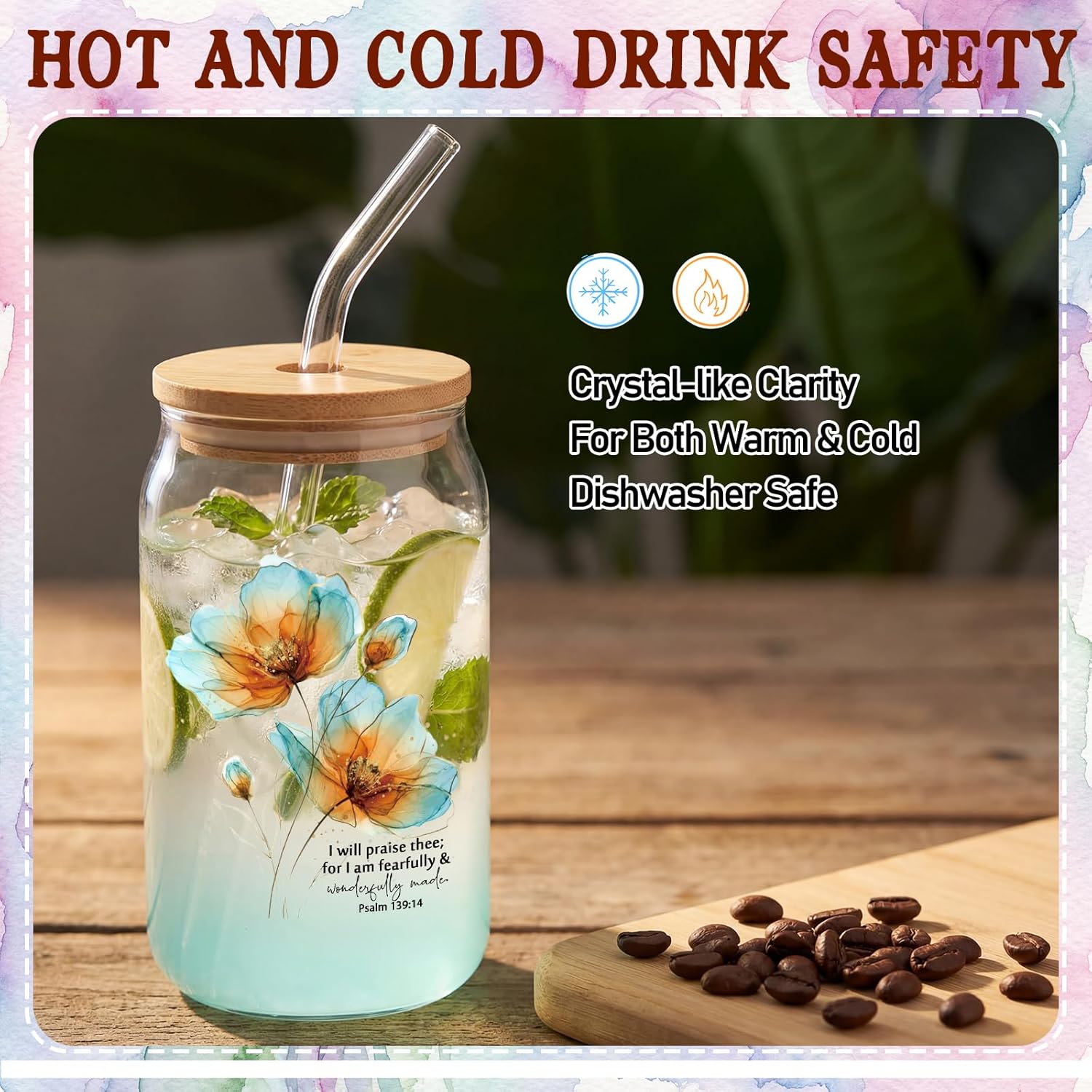 Funnymoom 24 Pcs Christian Mothers Day Church Gift Bulk Bible Verse 16 oz Glass Cups with Bamboo Lid Straw Religious Bible Verse Coffee Cup for Women Men Clergy Family Catholic Party (Floral Style)