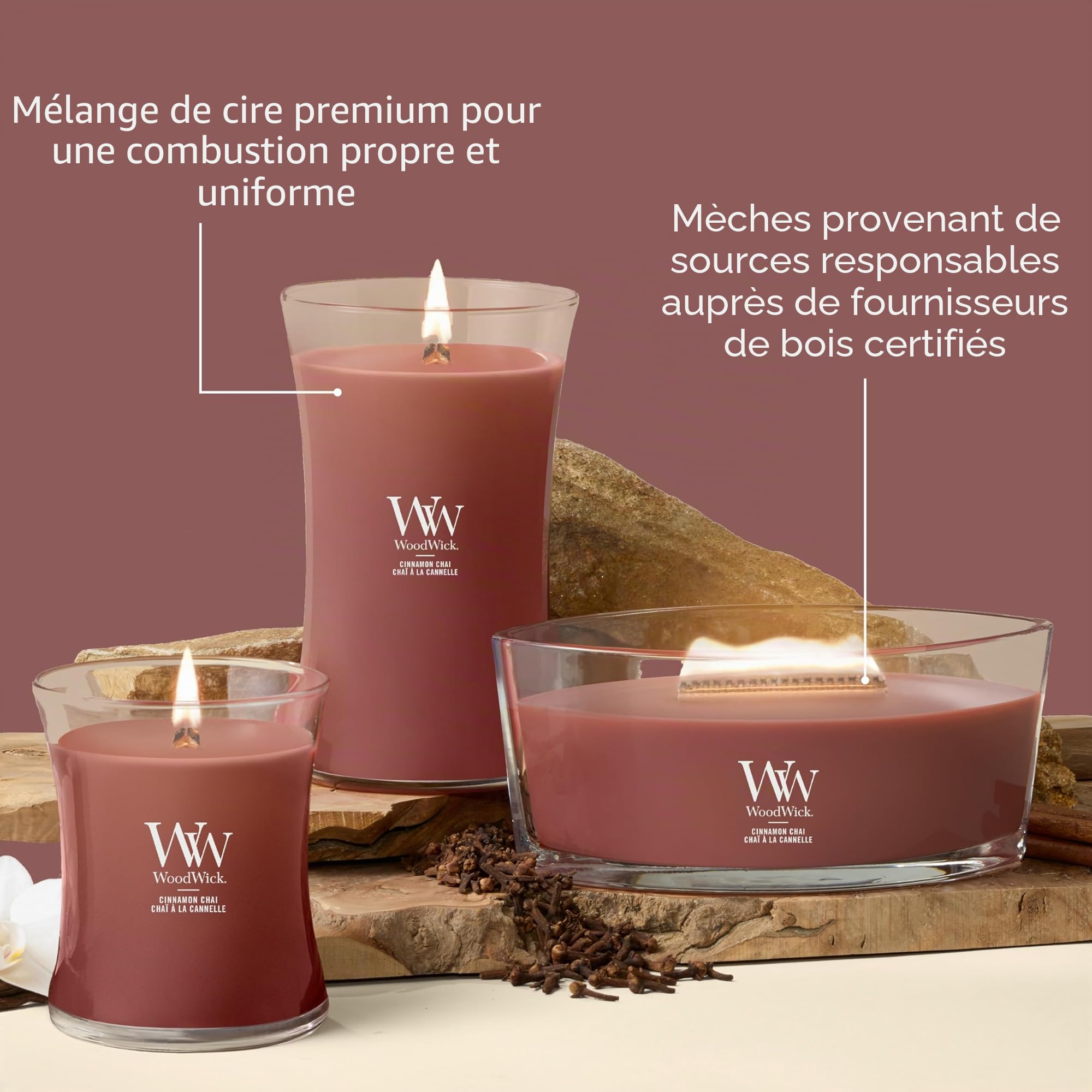 WoodWick Bougie parfumée grand format sablier | Cannelle Chaï | avec mèche crépitante | Durée de combustion : jusqu’à 130 heures