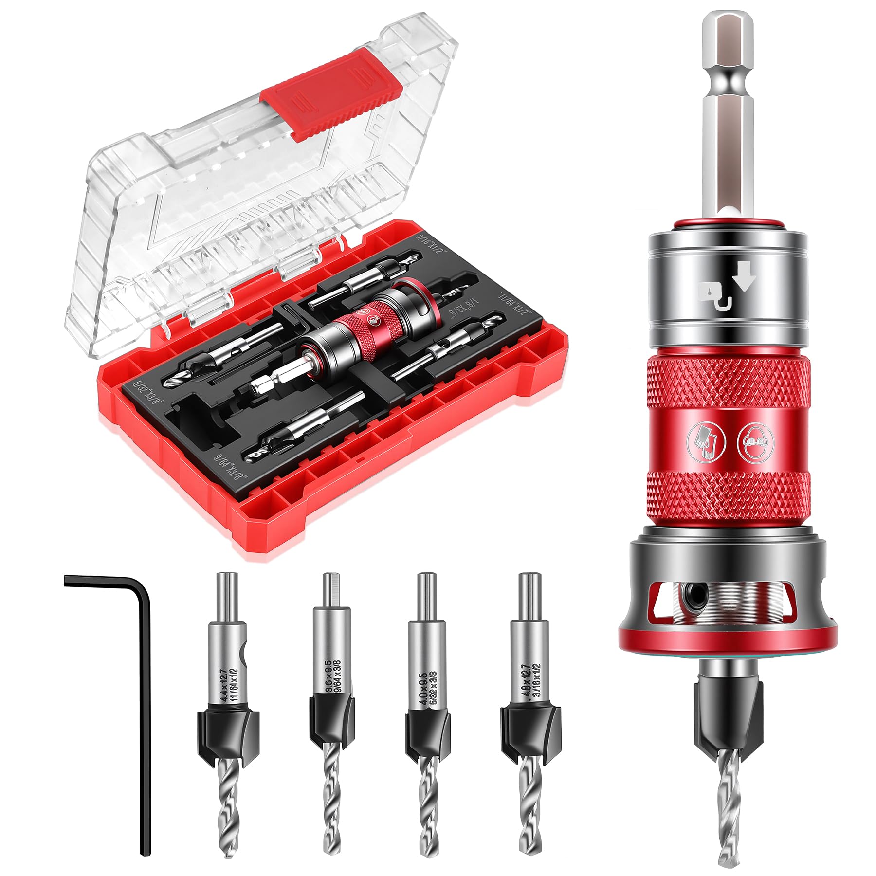 Upgraded Senkbohrer Holz Set, Schnelle Tiefeneinstellung, 5-tlg TCT-Schneiden & HSS-M2 Senker mit 1/4" Hex Schaft, L-Schlüssel, Bohrsenker mit Tiefenanschlag, ideal für Holzbearbeitung