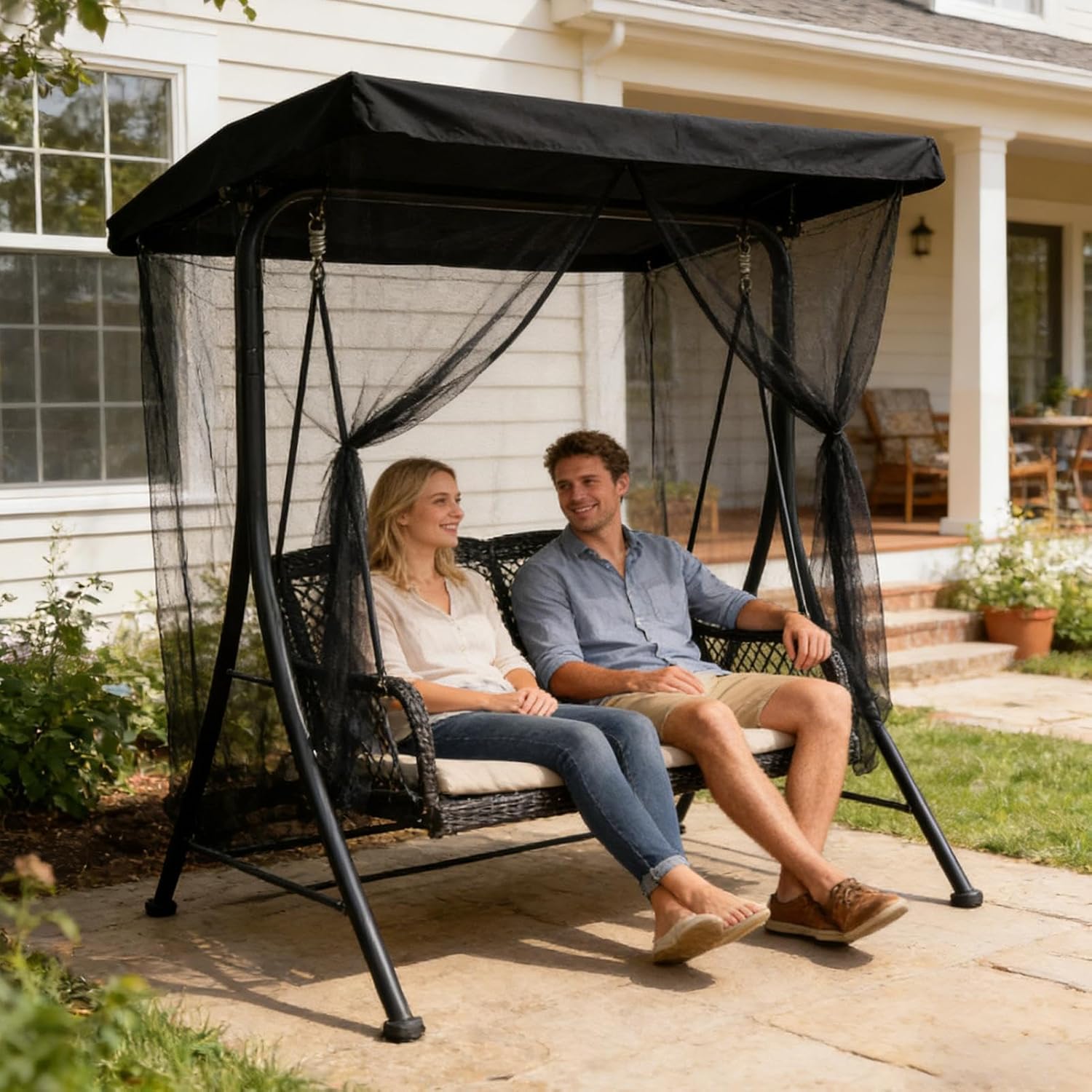 Patio Swing Fly Netting - Zippered Portable Foldable Drapes with Zipper | Patio Swing Cover | for Home Parties Balcony Porch RV Garden Outside Apartment Courtyard Deck Backyard