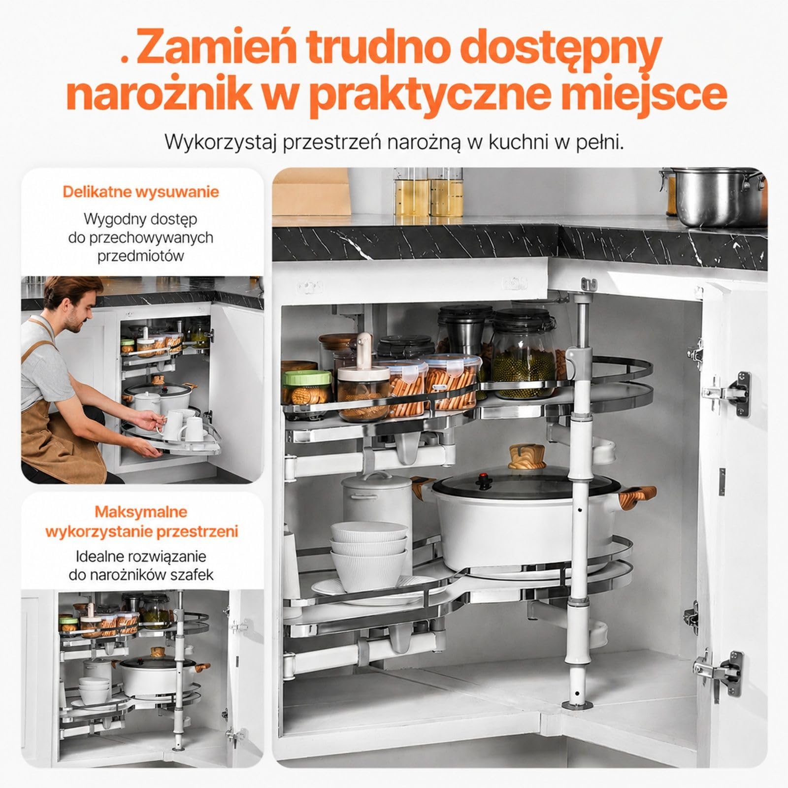 Organizer do narożnej szafki kuchennej, 2-poziomowe obrotowe wysuwane tace, regulacja wysokości, otwieranie w lewo, cichy domyk