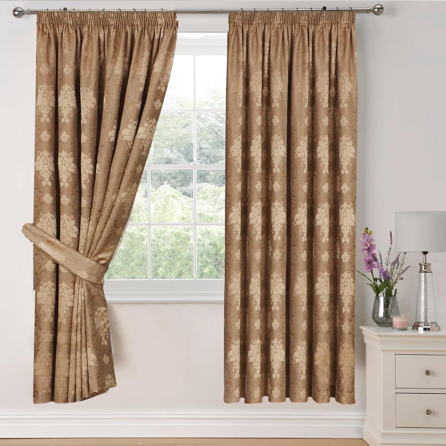 Modern Curtains for Living Room Fully Lined Pencil Pleat Luxury Jacquard Virginia Bedroom Curtains (Coffee, 90″x 90″ (228 x 228cm))