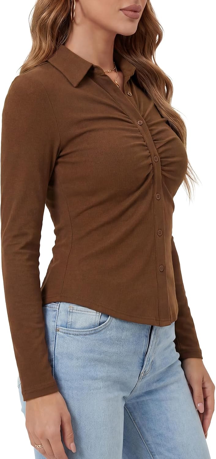 KIFOVEN Women's V Neck Button Down Ribbed Knit Ruched Long Sleeve Going Out Blouse Tops