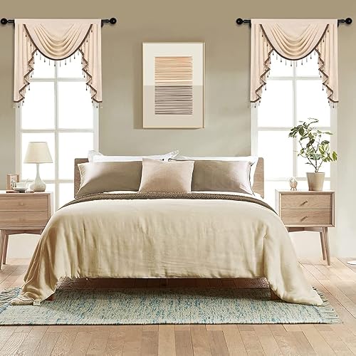 ELKCA Cenefa de cortina de felpilla gruesa para ventana de sala de estar, cenefa color beige con festones y cuentas para dormitorio, abrazadera para