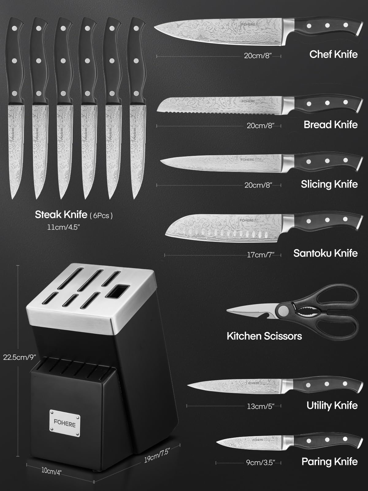 FOHERE Couteau Cuisine, 14 Pièces Bloc de Couteaux avec Affûteur Intégré, Set Couteau Cuisine en Acier Inoxydable, Bloc Noir en Bois