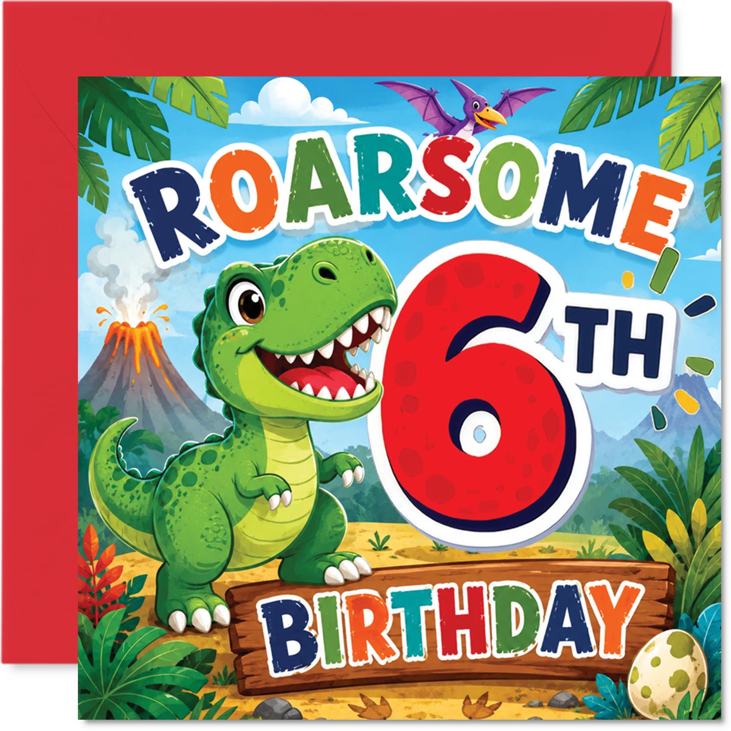 Playful 6th Birthday Card - Roar into Turning Six - Cartoon T-Rex and Volcano Scene with Bold Number 6 - Dino Fun for Young Adventurers - 145mm Square, Envelope Included